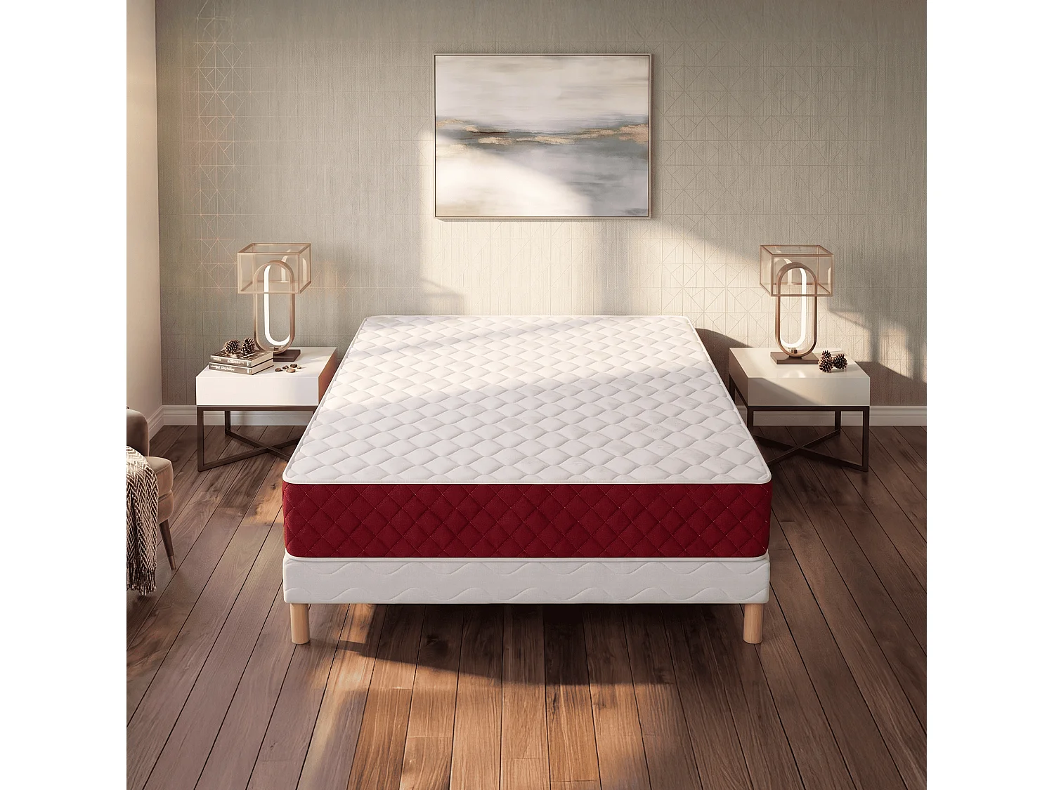 Ensemble Rosso 180x200 cm Hauteur 25 cm Mousse Polyuréthane Technologie 3D avec Sommier Tapissier 2 Blocs Soutien ferme