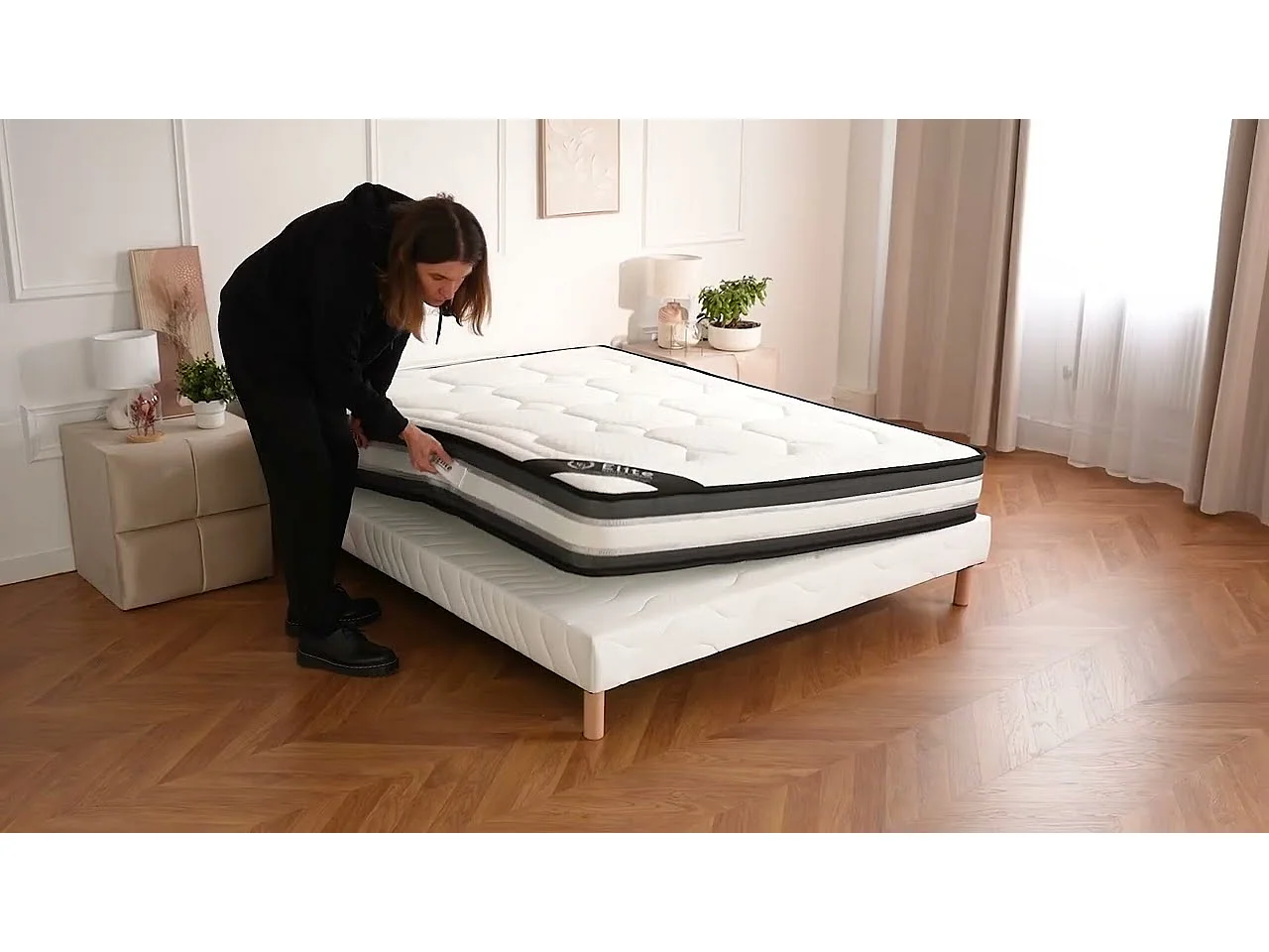 Ensemble Grand Confort 90x200 cm Hauteur 22 cm Mousse Polyuréthane Technologie 3D avec Sommier Tapissier Soutien mi-ferme