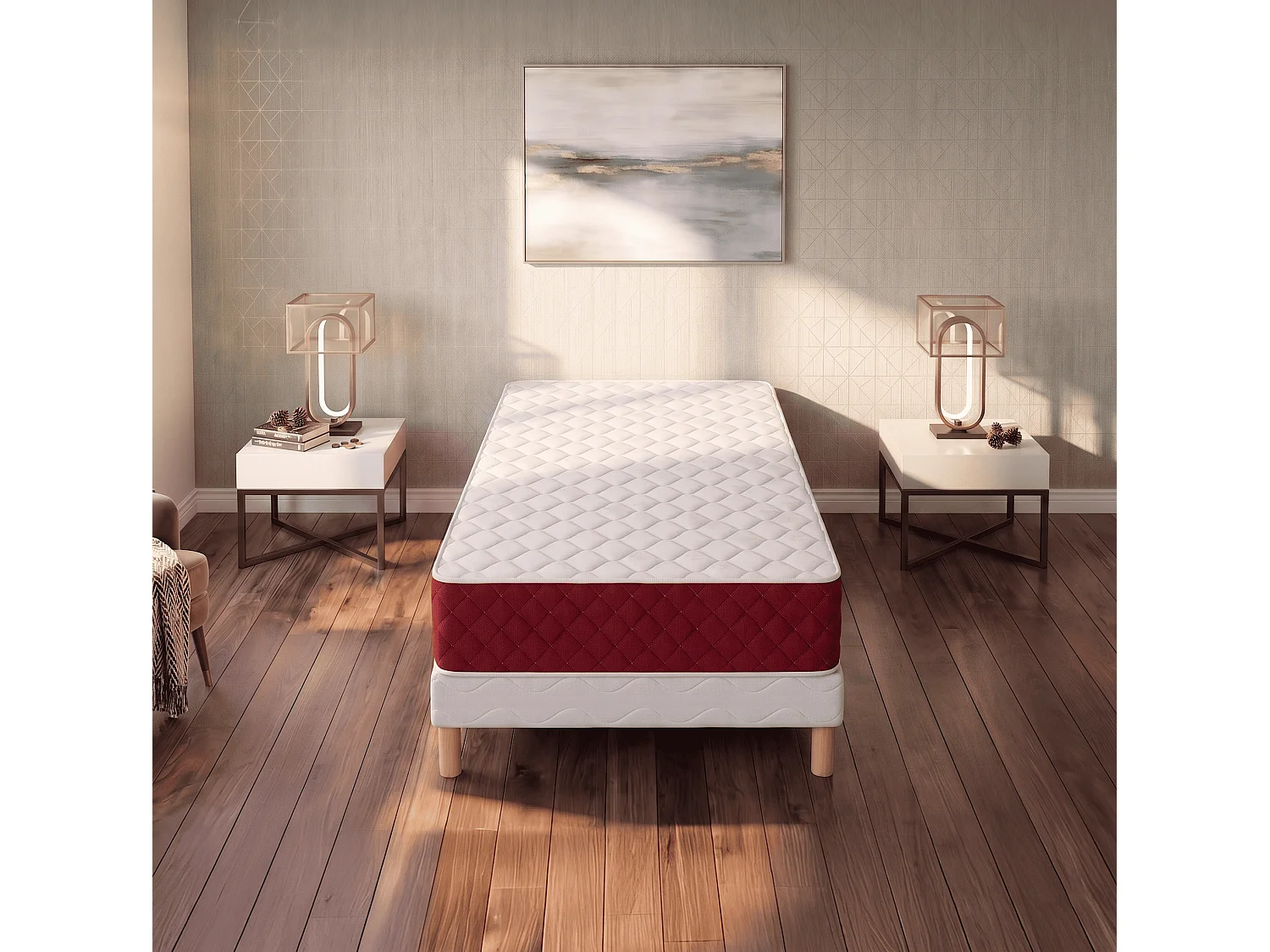 Ensemble Rosso 90x200 cm Hauteur 25 cm Mousse Polyuréthane Technologie 3D avec Sommier Tapissier Soutien ferme