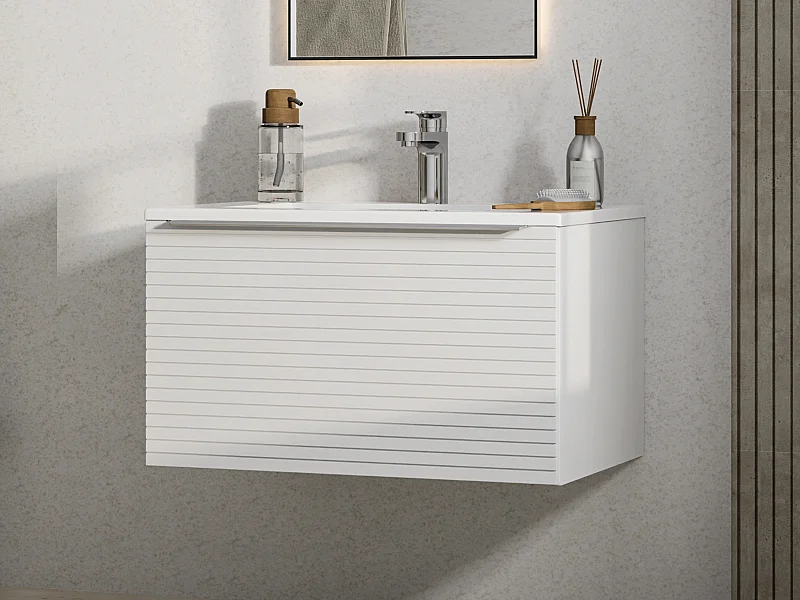 Meuble de salle de bain suspendu strié blanc avec simple vasque à encastrer - 60 cm - LATOMA
