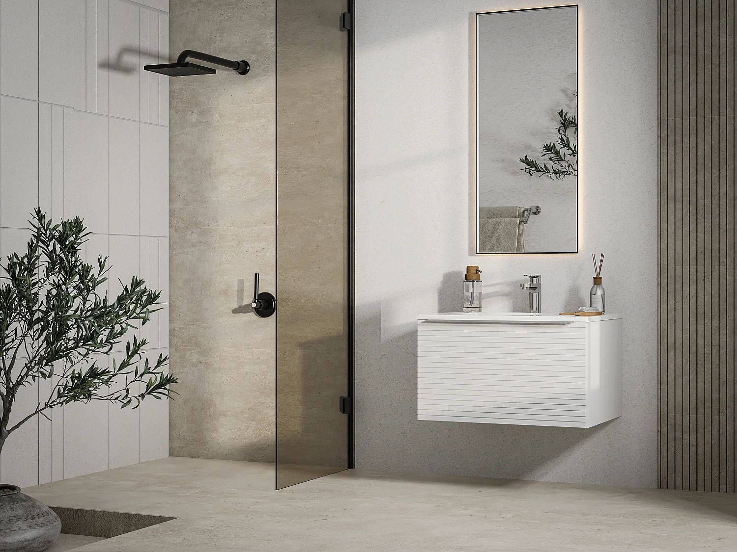 Meuble de salle de bain suspendu strié blanc avec simple vasque à encastrer - 60 cm - LATOMA