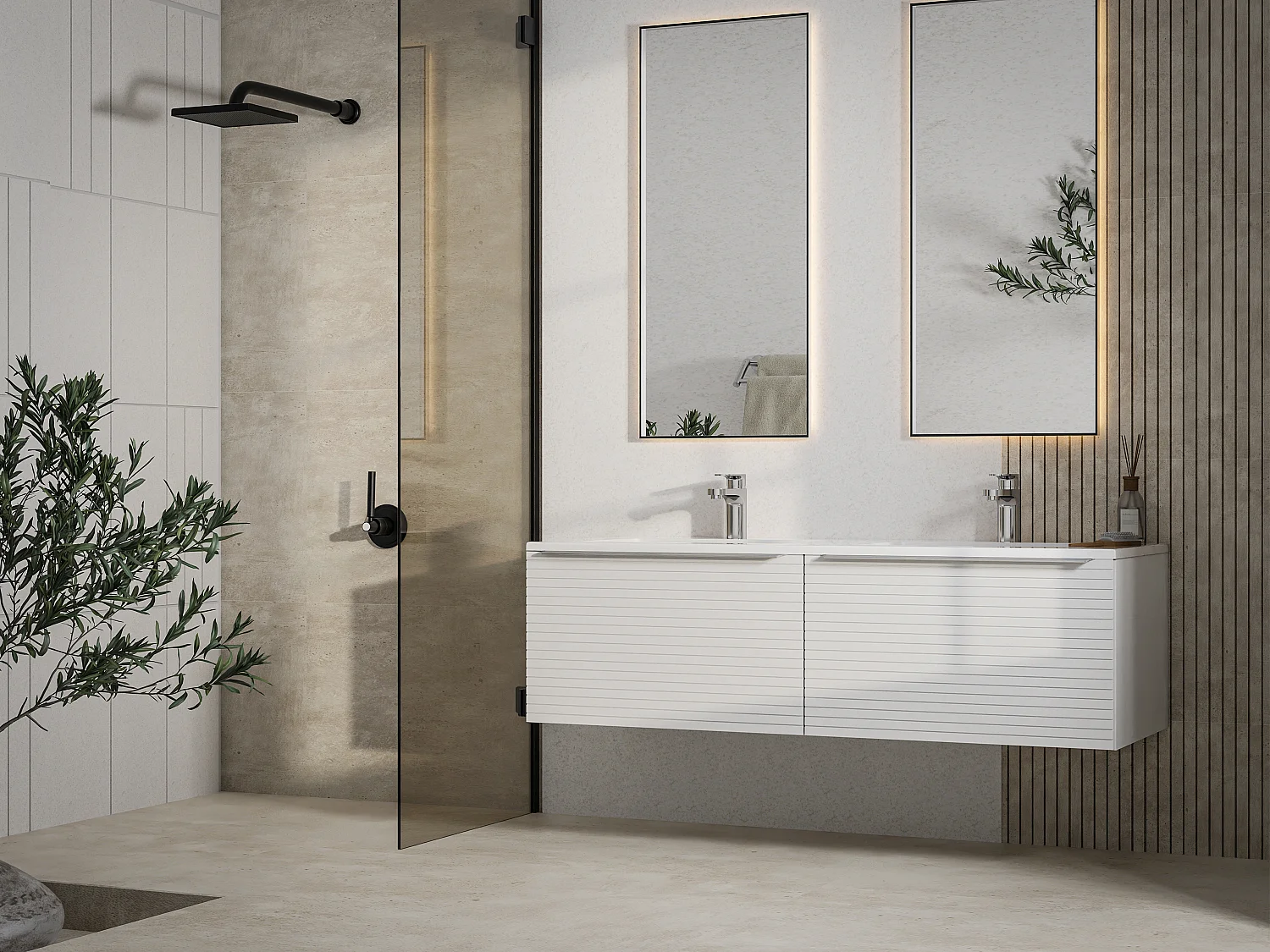 Meuble de salle de bain suspendu strié blanc avec double vasque à encastrer - 120 cm - LATOMA