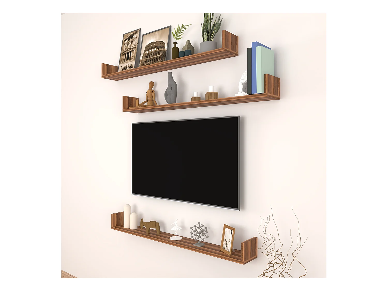 Lot de 3 étagères murales Höganäs 12 x 120 x 15 cm effet noyer [en.casa]