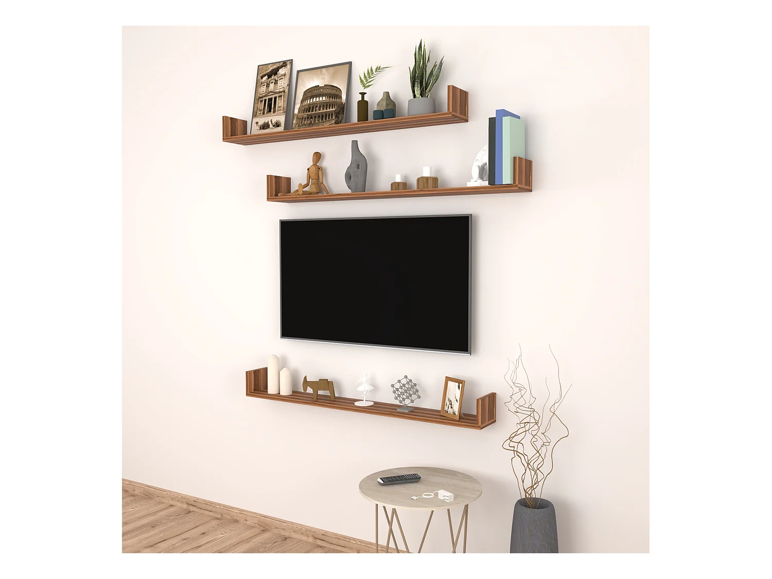 Lot de 3 étagères murales Höganäs 12 x 120 x 15 cm effet noyer [en.casa]