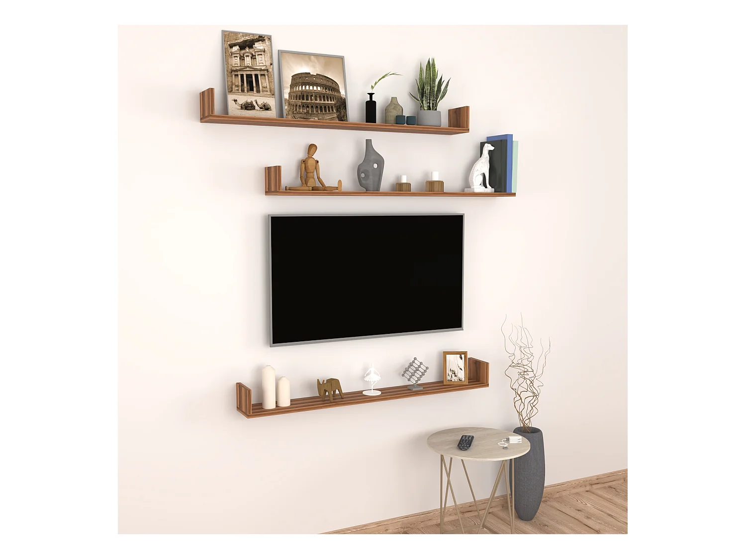 Lot de 3 étagères murales Höganäs 12 x 120 x 15 cm effet noyer [en.casa]