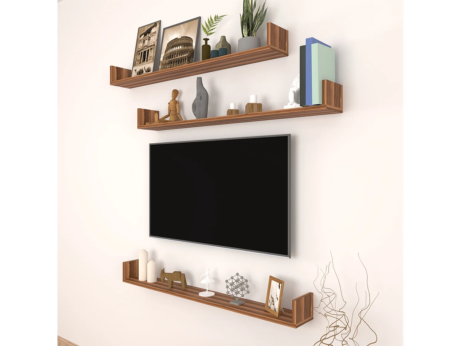 Lot de 3 étagères murales Höganäs 12 x 120 x 15 cm effet noyer [en.casa]