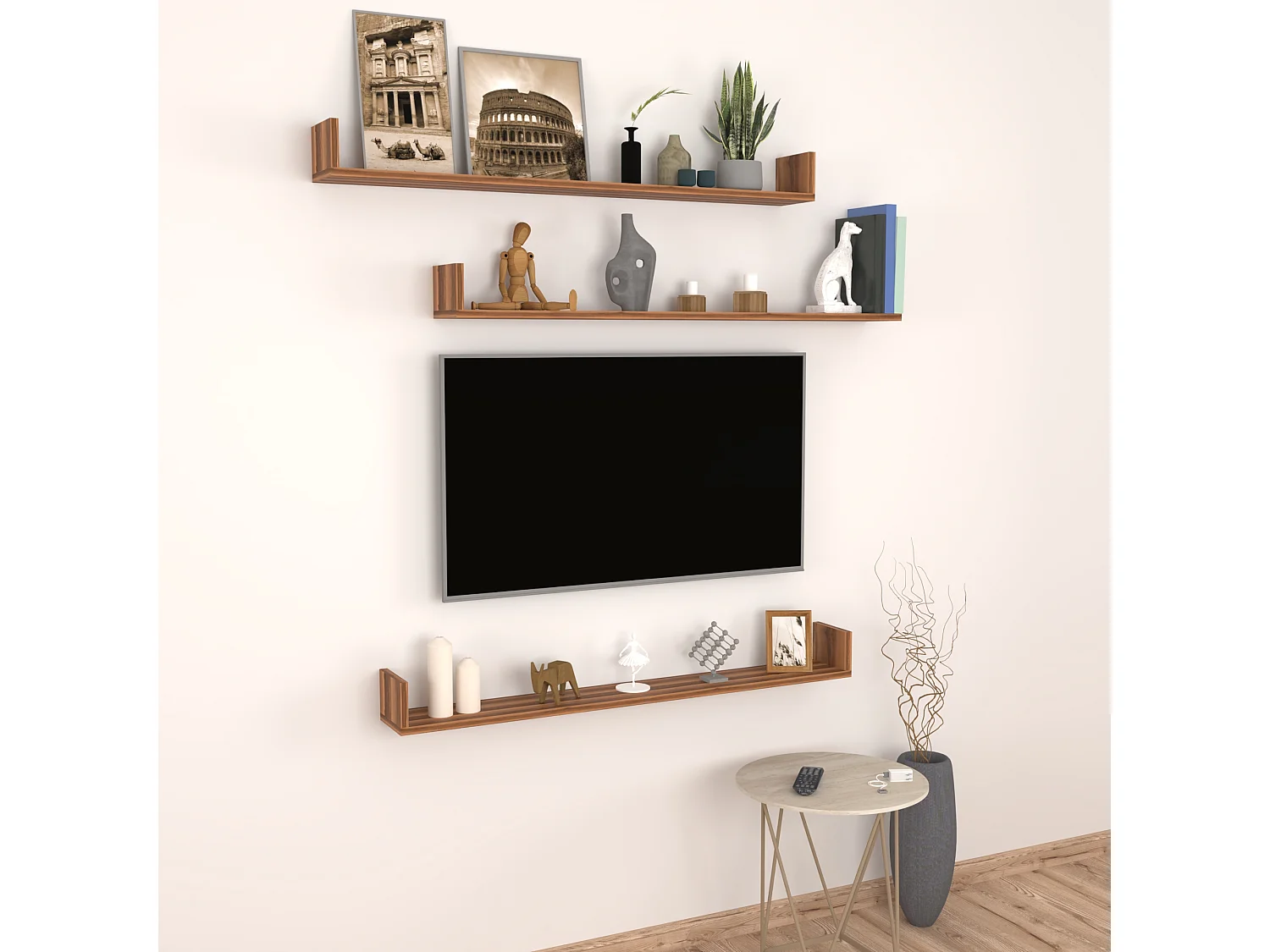 Lot de 3 étagères murales Höganäs 12 x 120 x 15 cm effet noyer [en.casa]