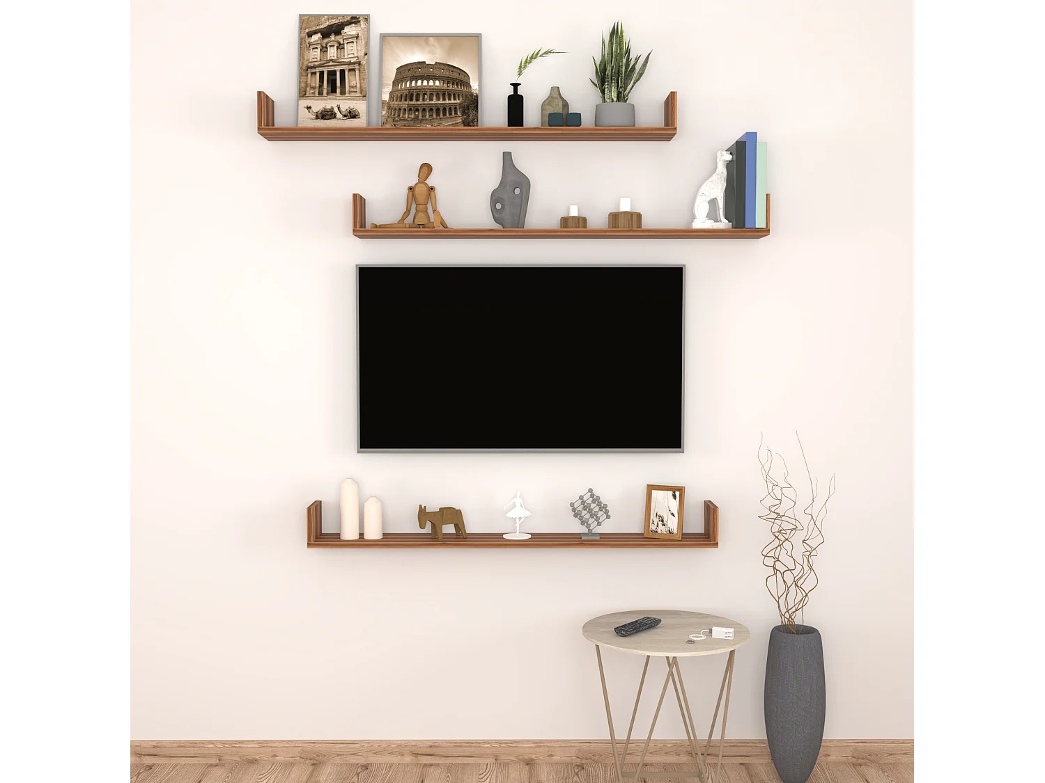 Lot de 3 étagères murales Höganäs 12 x 120 x 15 cm effet noyer [en.casa]