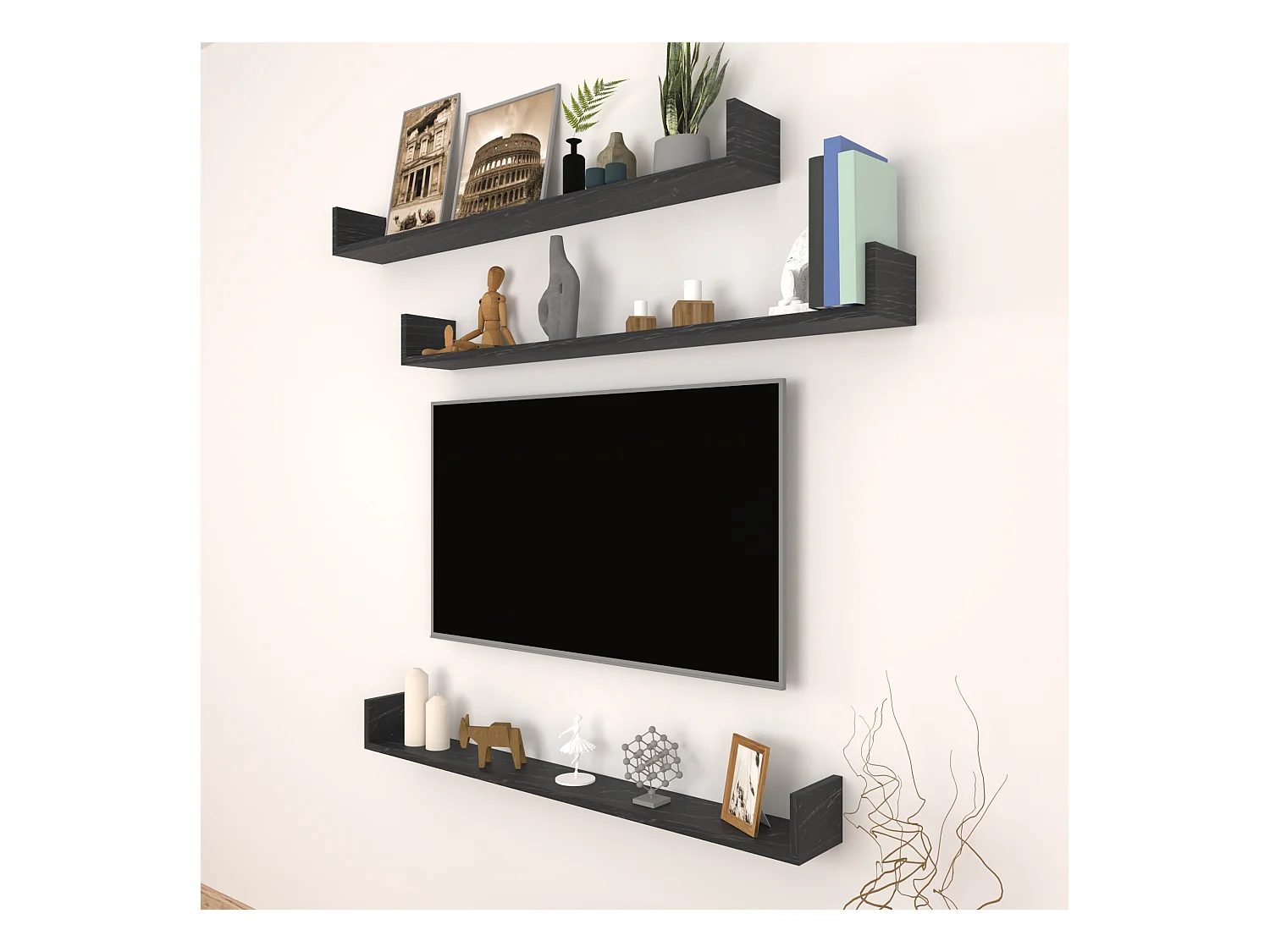 Lot de 3 étagères murales Höganäs 12 x 120 x 15 cm marbre noir [en.casa]