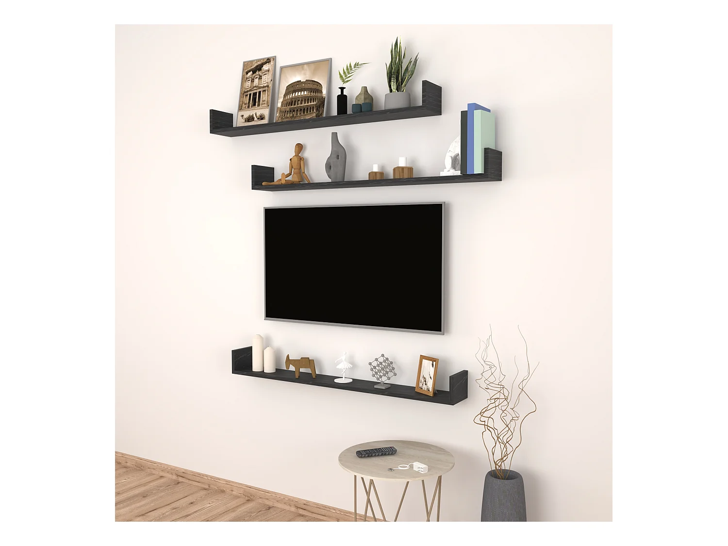 Lot de 3 étagères murales Höganäs 12 x 120 x 15 cm marbre noir [en.casa]