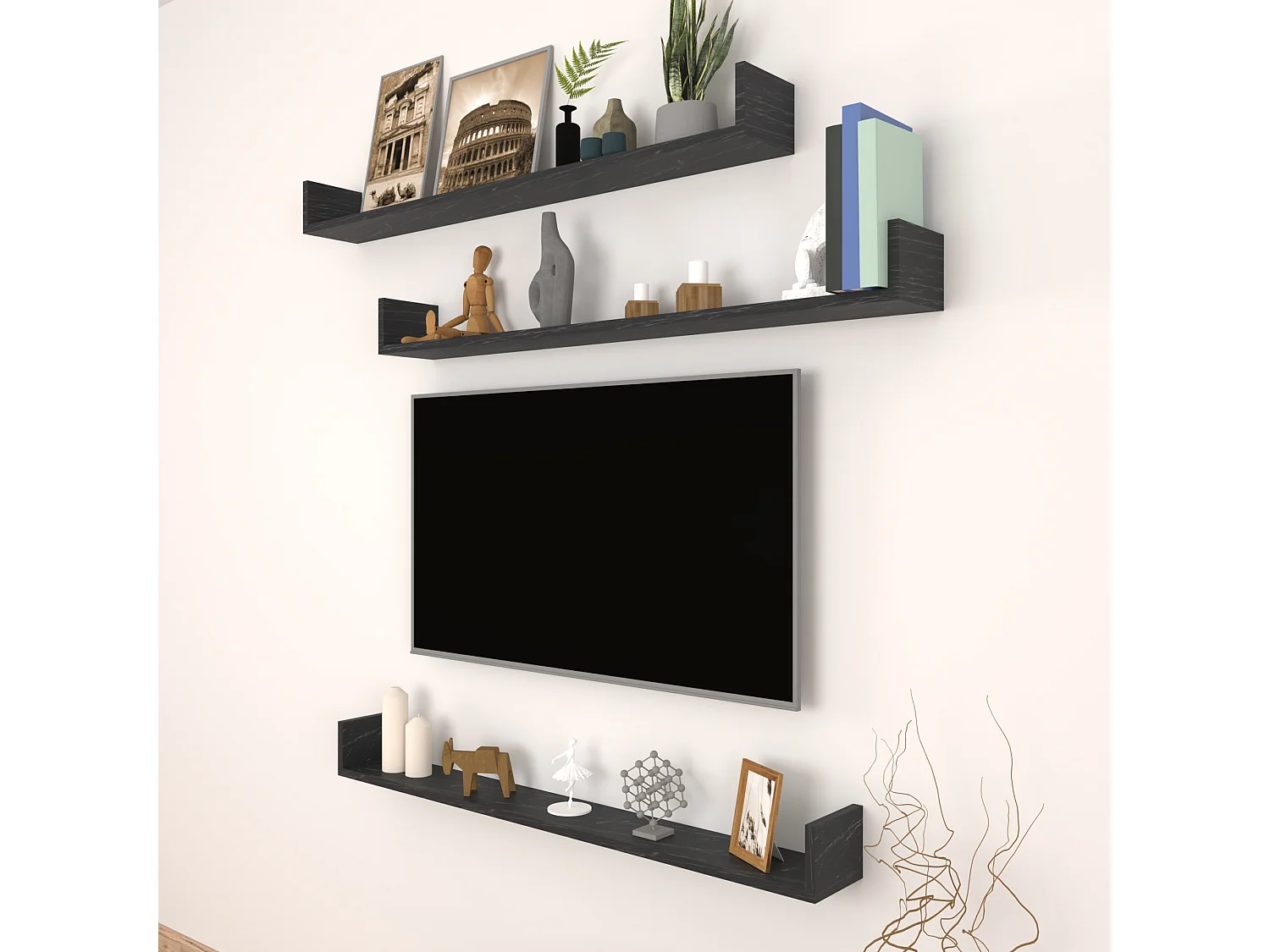 Lot de 3 étagères murales Höganäs 12 x 120 x 15 cm marbre noir [en.casa]