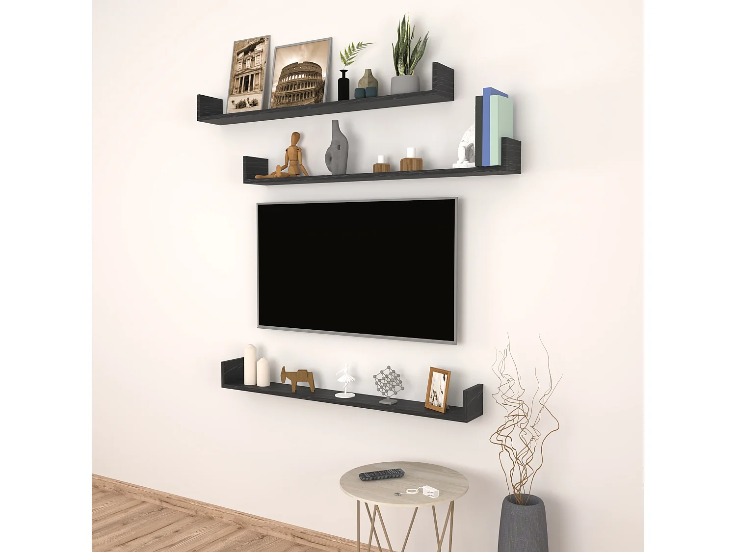 Lot de 3 étagères murales Höganäs 12 x 120 x 15 cm marbre noir [en.casa]