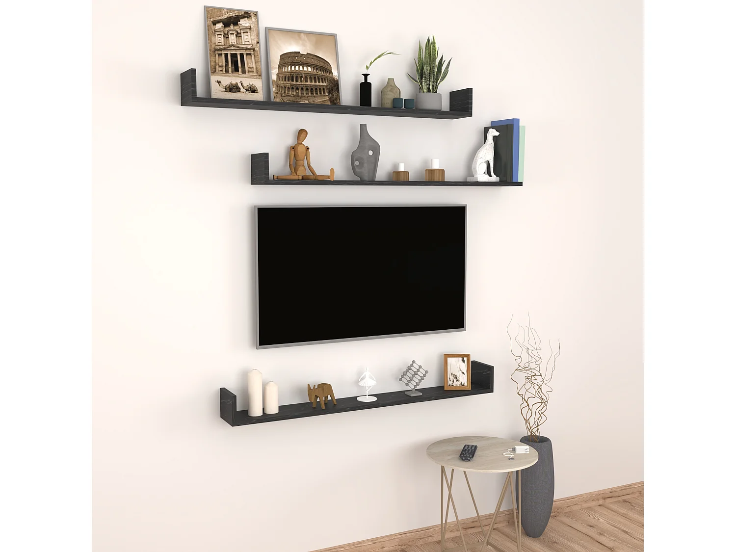 Lot de 3 étagères murales Höganäs 12 x 120 x 15 cm marbre noir [en.casa]