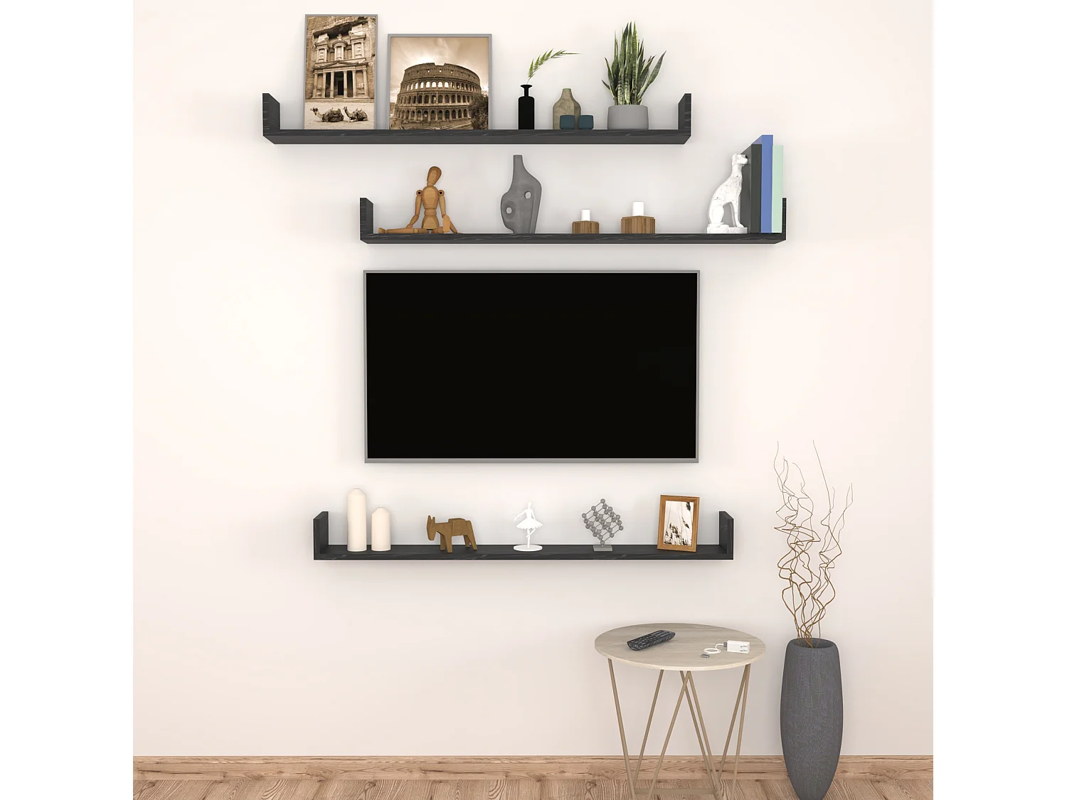 Lot de 3 étagères murales Höganäs 12 x 120 x 15 cm marbre noir [en.casa]
