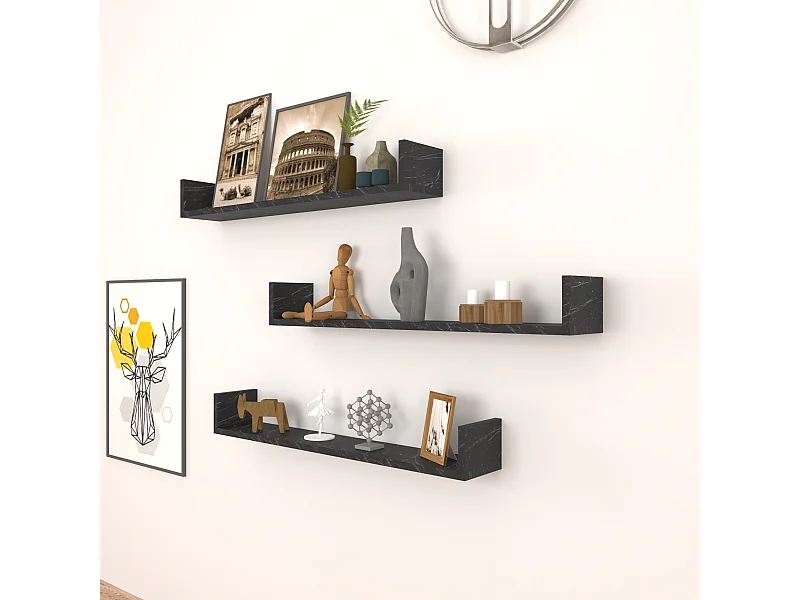 Lot de 3 étagères murales Höganäs 12 x 90 x 15 cm marbre noir [en.casa]