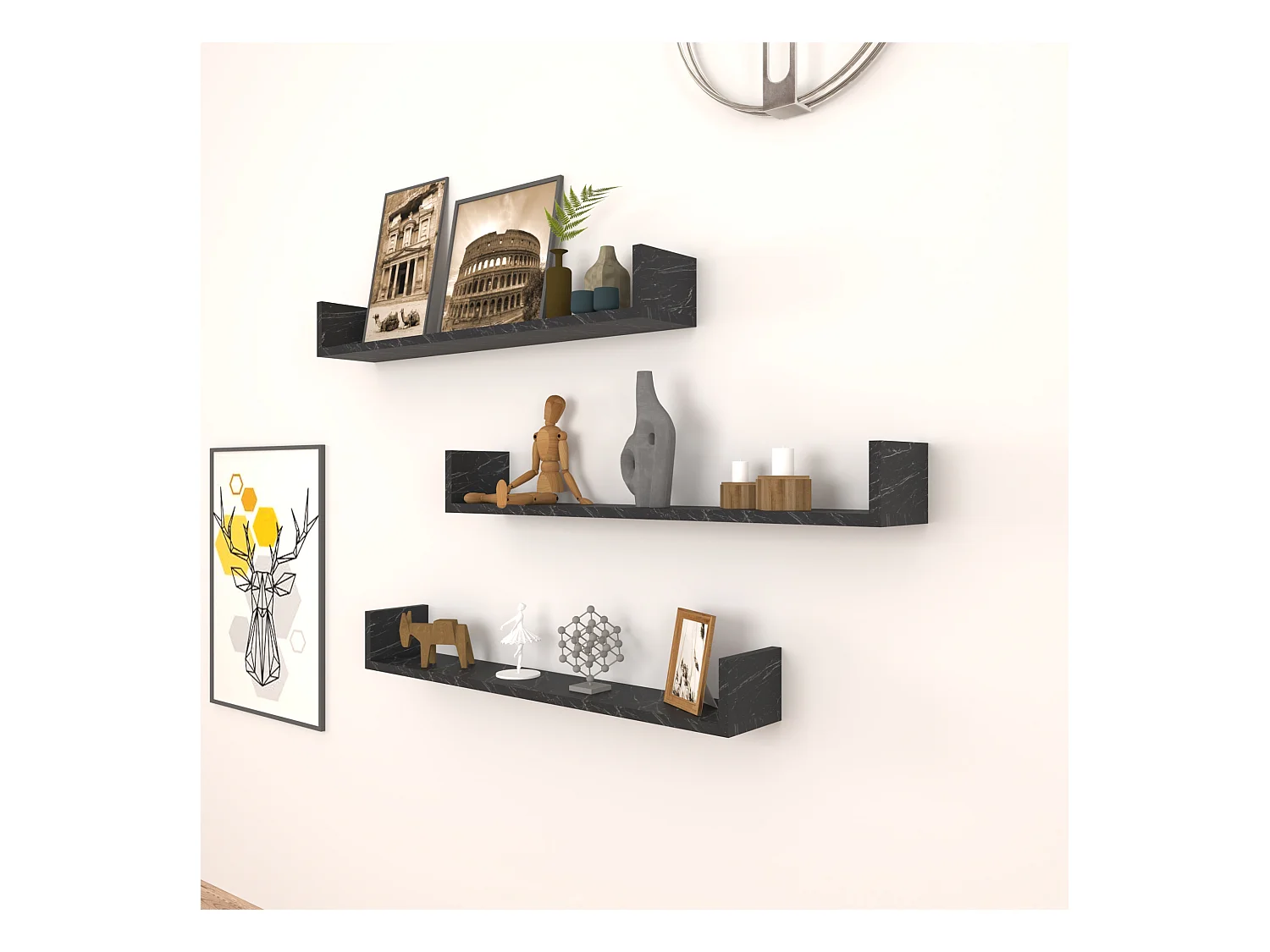 Lot de 3 étagères murales Höganäs 12 x 90 x 15 cm marbre noir [en.casa]