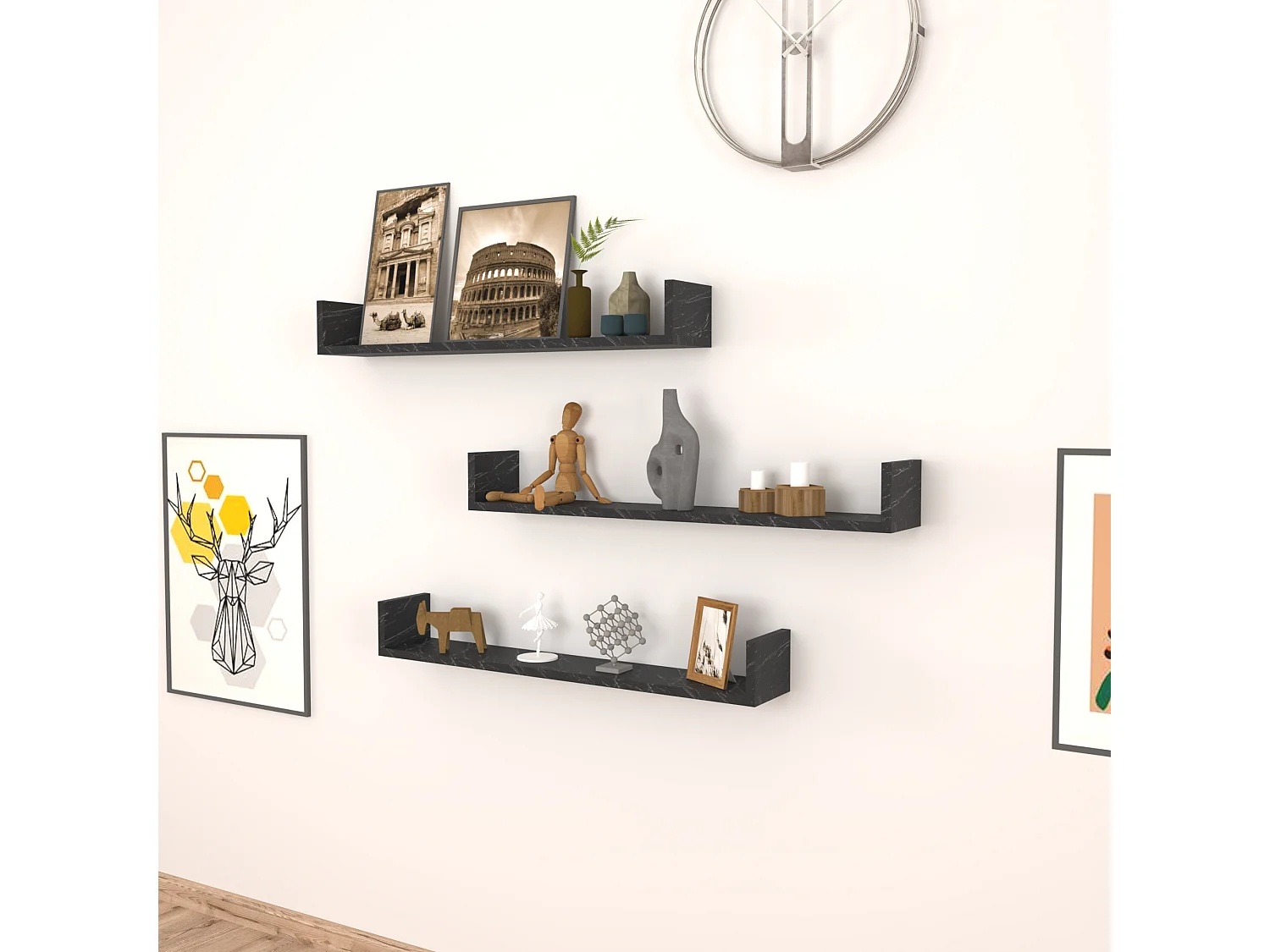 Lot de 3 étagères murales Höganäs 12 x 90 x 15 cm marbre noir [en.casa]