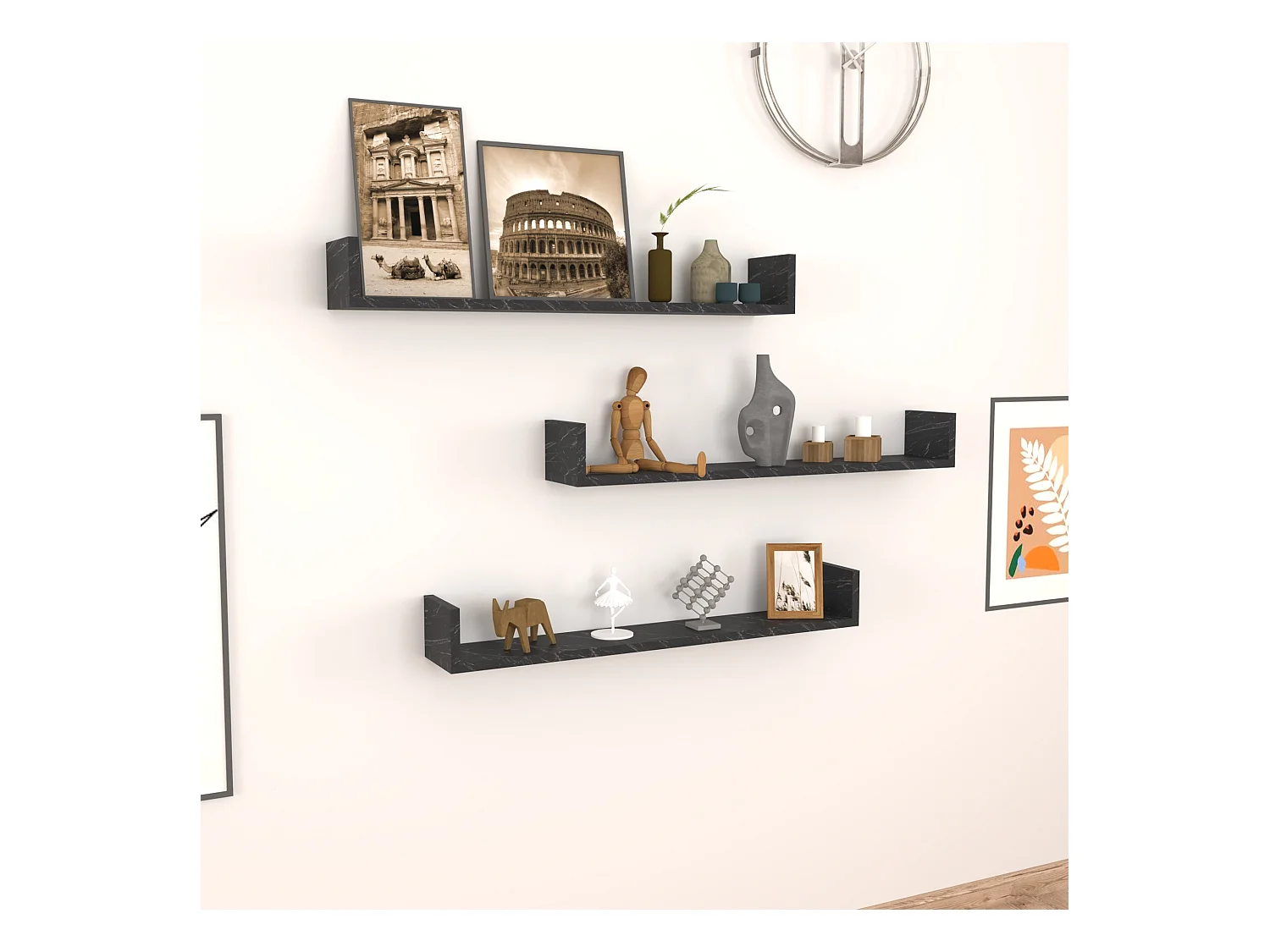Lot de 3 étagères murales Höganäs 12 x 90 x 15 cm marbre noir [en.casa]