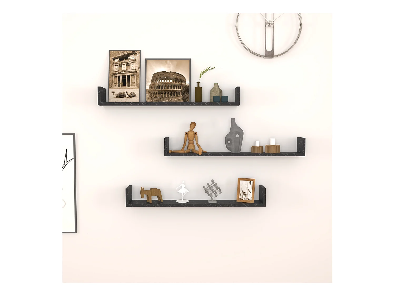 Lot de 3 étagères murales Höganäs 12 x 90 x 15 cm marbre noir [en.casa]