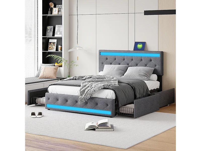 Cama com arrumação 160 x 200 cm, cama de casal com LED e arrumação, veludo, cinza