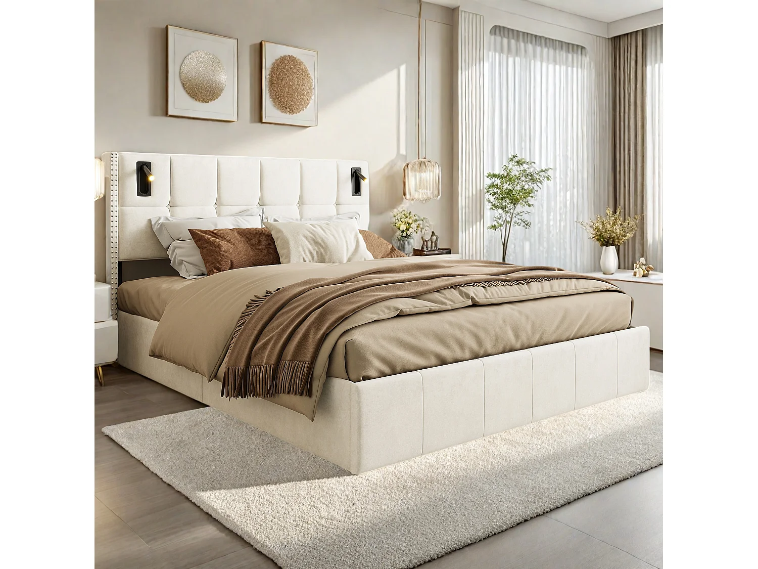 Lit double rembourré, 160 x 200 cm, avec espace de rangement hydraulique, lampe de lecture, sommier à sommier tapissier, velours, sans matelas, Beige