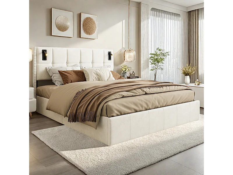 Lit double rembourré, 160 x 200 cm, avec espace de rangement hydraulique, lampe de lecture, sommier à sommier tapissier, velours, sans matelas, Beige