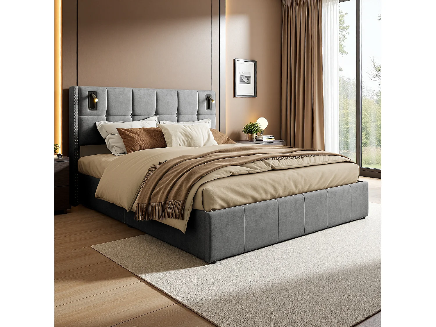 Cama doble tapizada 140x200 cm con almacenamiento hidráulico, lámpara de lectura, somier tapizado, terciopelo, sin colchón, gris