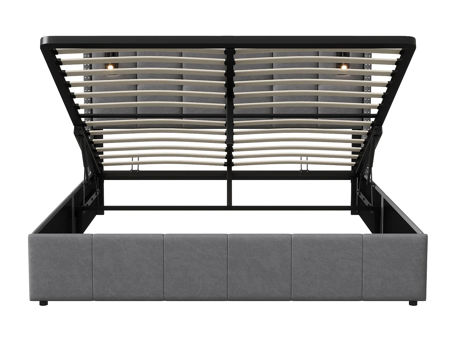 Cama doble tapizada 140x200 cm con almacenamiento hidráulico, lámpara de lectura, somier tapizado, terciopelo, sin colchón, gris