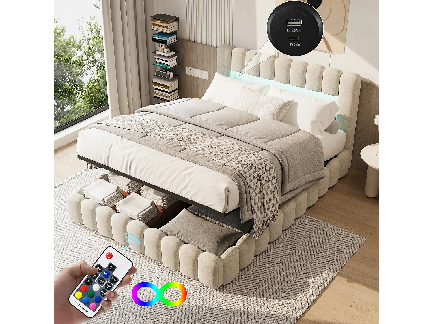 Gestoffeerd tweepersoonsbed, bubbelmodel, 160 x 200 cm, met led- en usb-aansluitingen, opbergruimte, beige