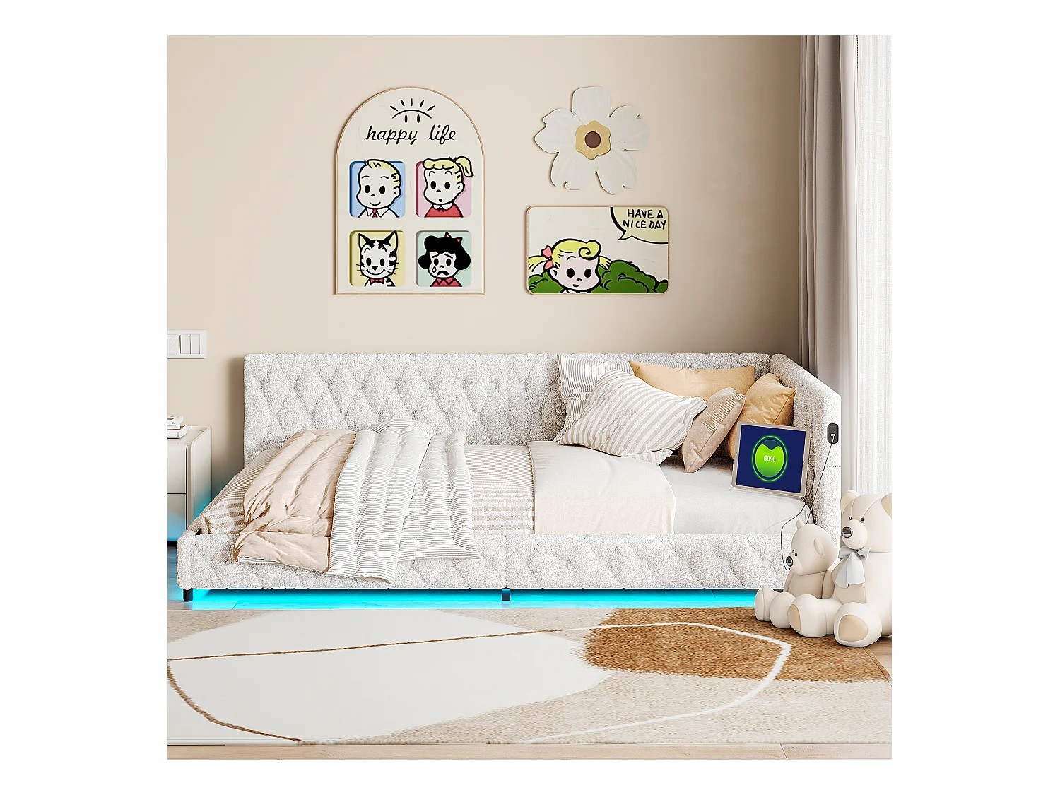 140x200 cm fluwelen tweepersoonsbed met LED en USB, lattenbodem, beige