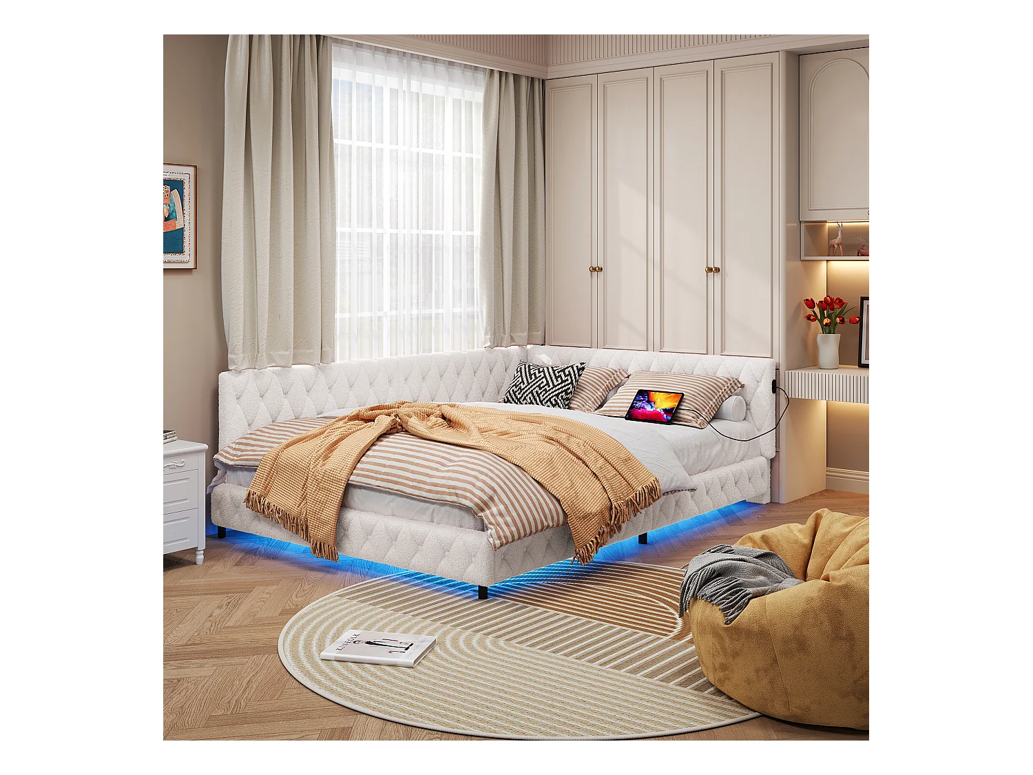 140x200 cm fluwelen tweepersoonsbed met LED en USB, lattenbodem, beige