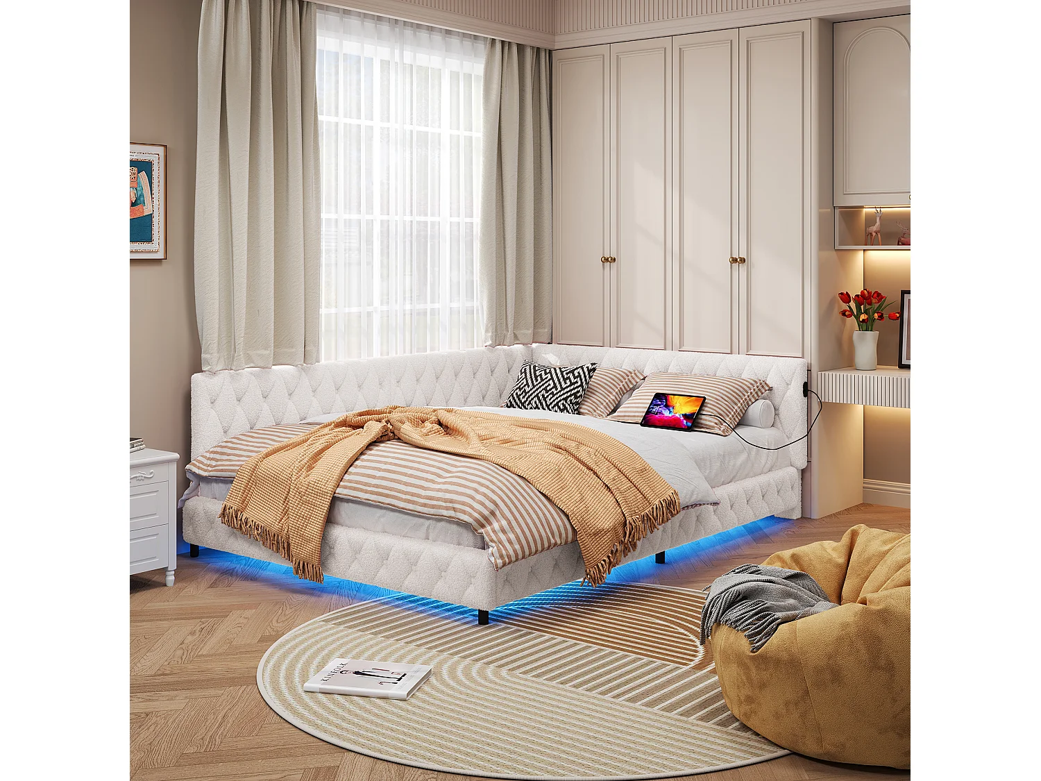lit 140x200 Cadre de lit, Velours Litss Double, avec LED et USB, avec Sommier à Lattes, Beige