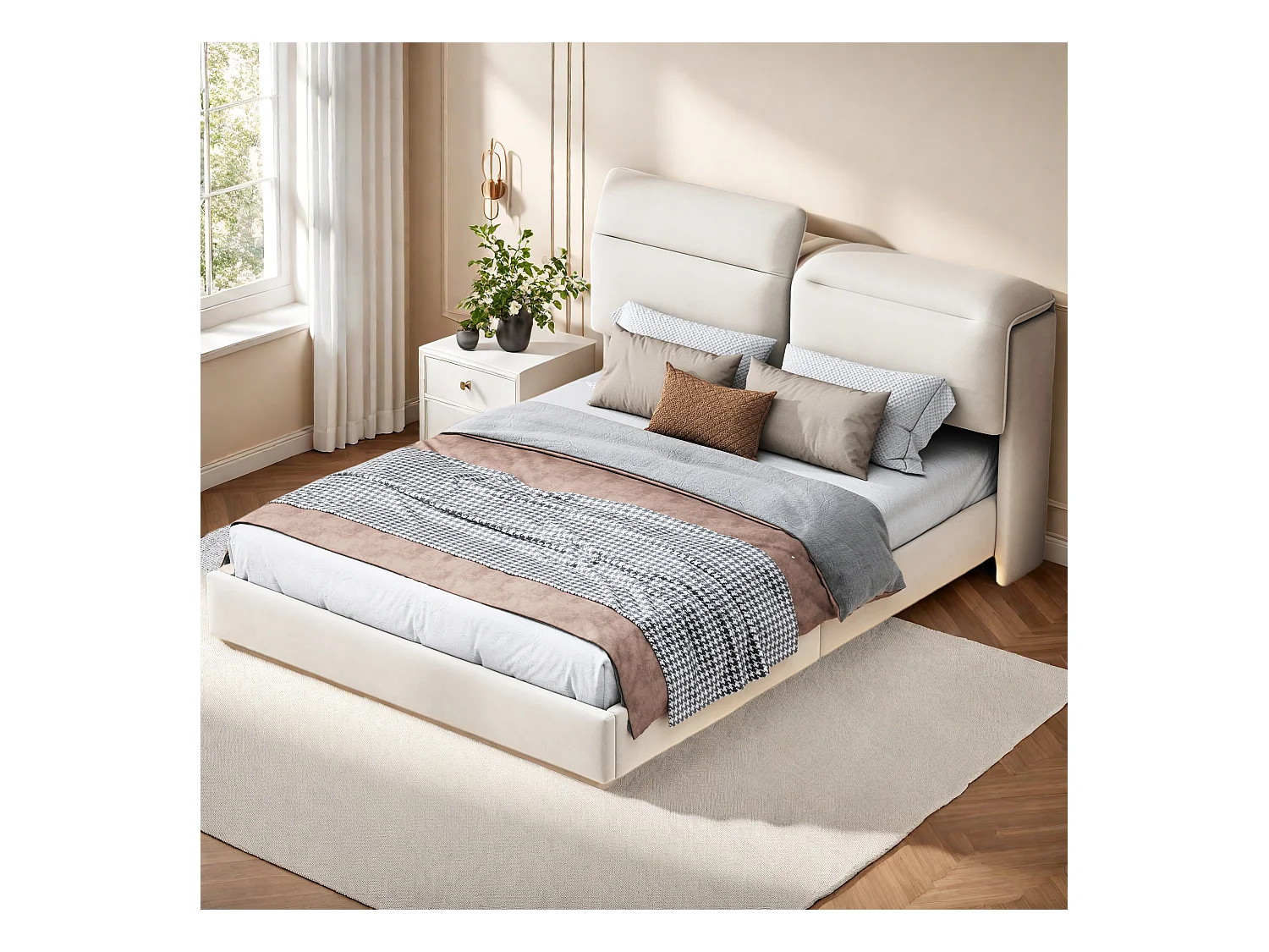 Polsterbett 160 x 200, mit LED und klappbarem Kopfteil, Staufach, Samt, weiß