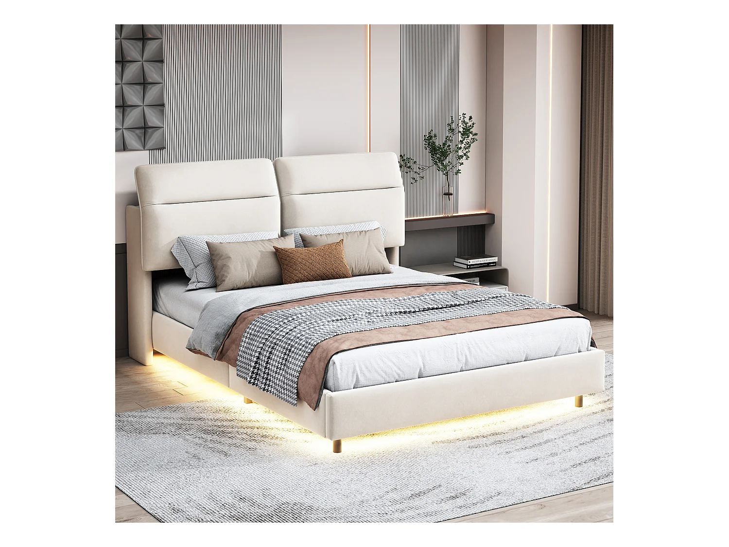 Polsterbett 160 x 200, mit LED und klappbarem Kopfteil, Staufach, Samt, weiß