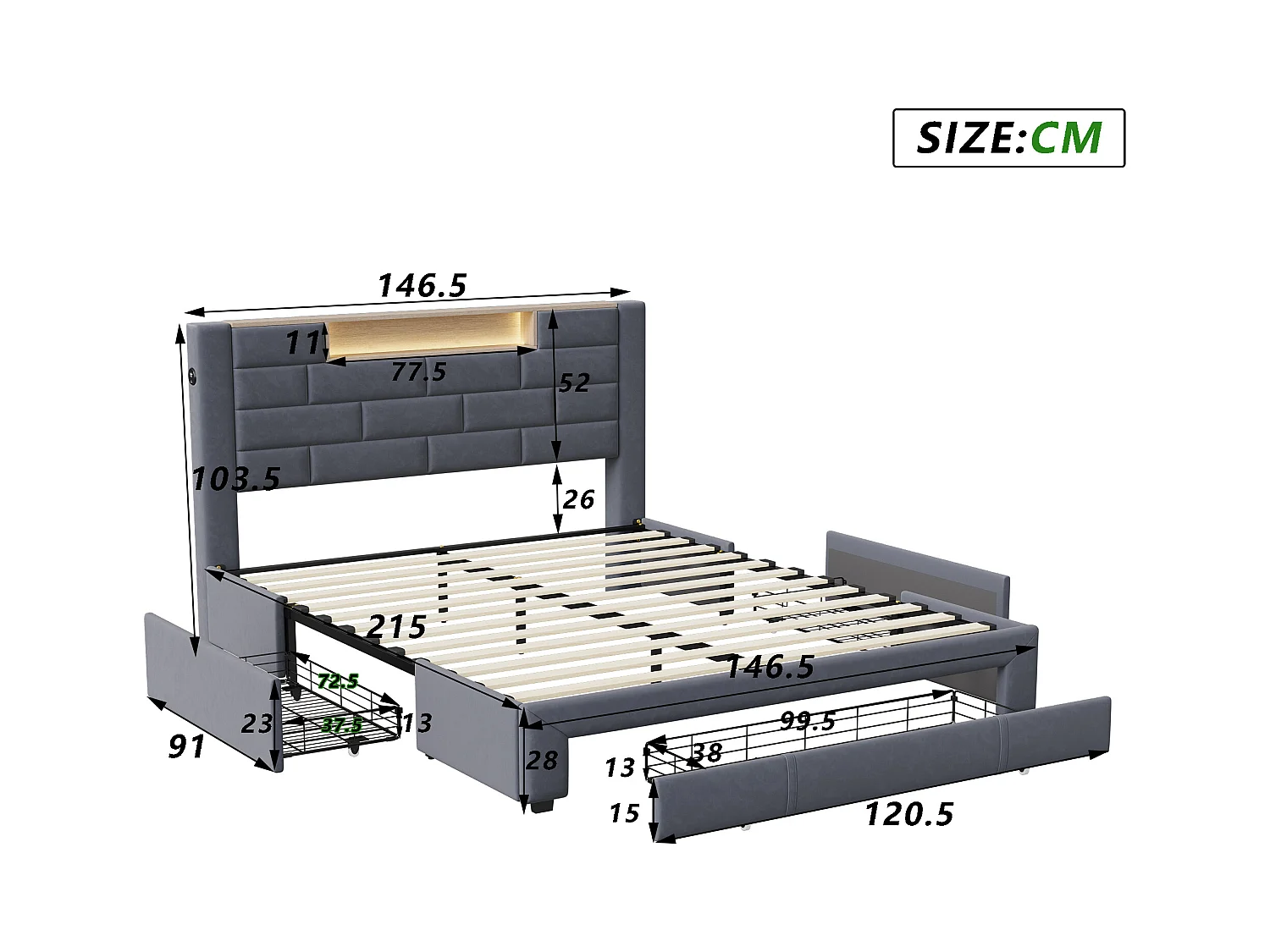 Gestoffeerd tweepersoonsbed 140x200 cm, opbergbed met 3 lades, met USB en LED, fluweel, grijs