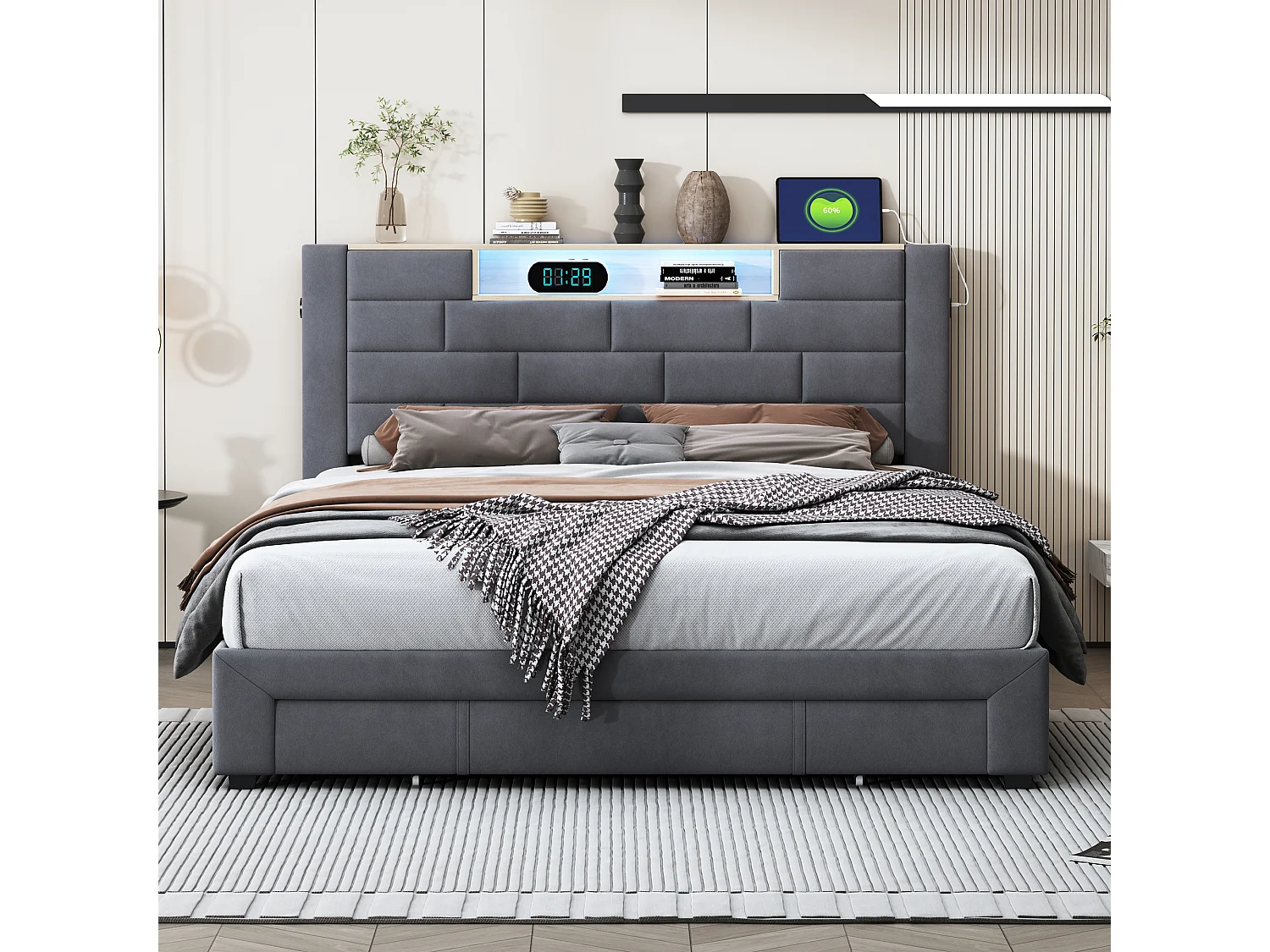 Lit rembourré Double 140x200 cm, Lit de Rangement avec 3 tiroirs, avec USB et LED, Velours, Gris