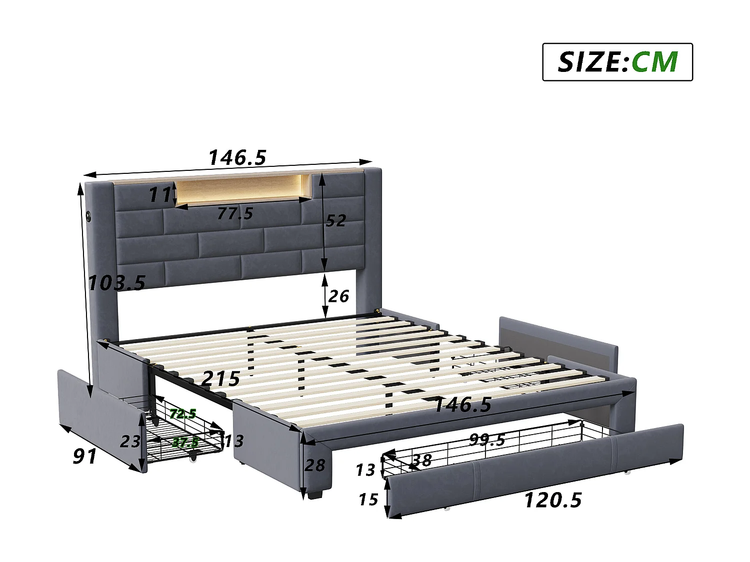 Lit rembourré Double 140x200 cm, Lit de Rangement avec 3 tiroirs, avec USB et LED, Velours, Gris