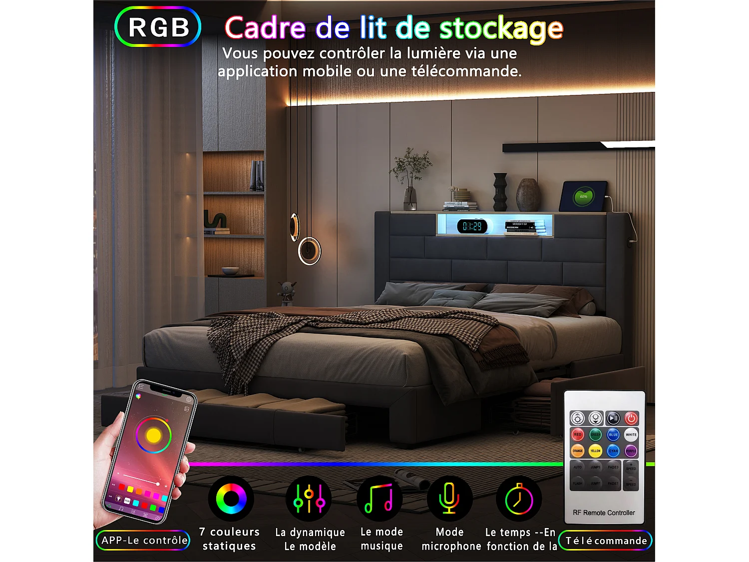 Lit rembourré Double 140x200 cm, Lit de Rangement avec 3 tiroirs, avec USB et LED, Velours, Gris