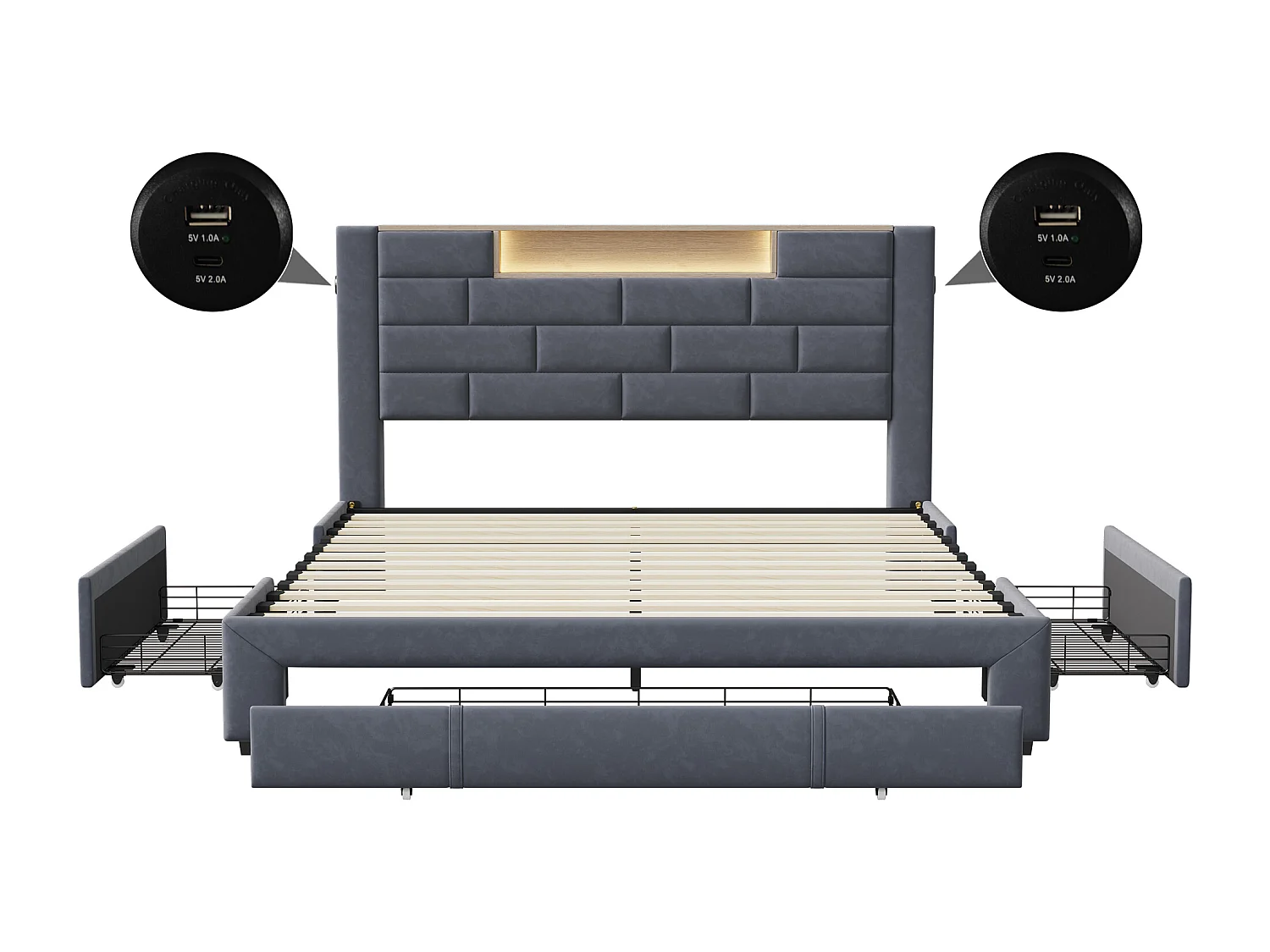 Lit rembourré Double 140x200 cm, Lit de Rangement avec 3 tiroirs, avec USB et LED, Velours, Gris