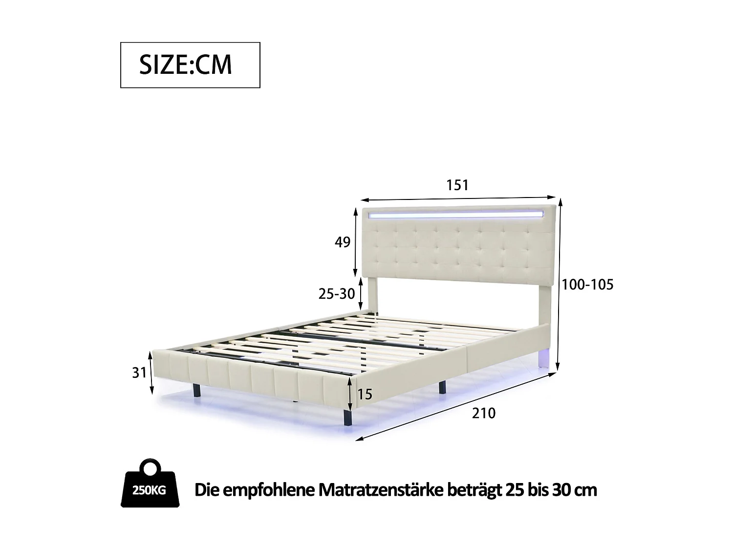 Lit 140 x 200 cm avec éclairage LED et tête de lit réglable, sommier à lattes,  tissu en lin, beige