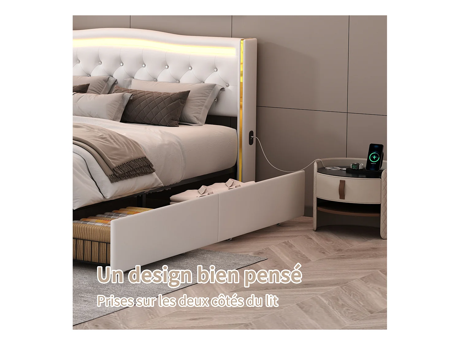 Cama doble de 140 x 200 cm con base, 4 cajones, carga USB, listones de madera y LED - Blanco
