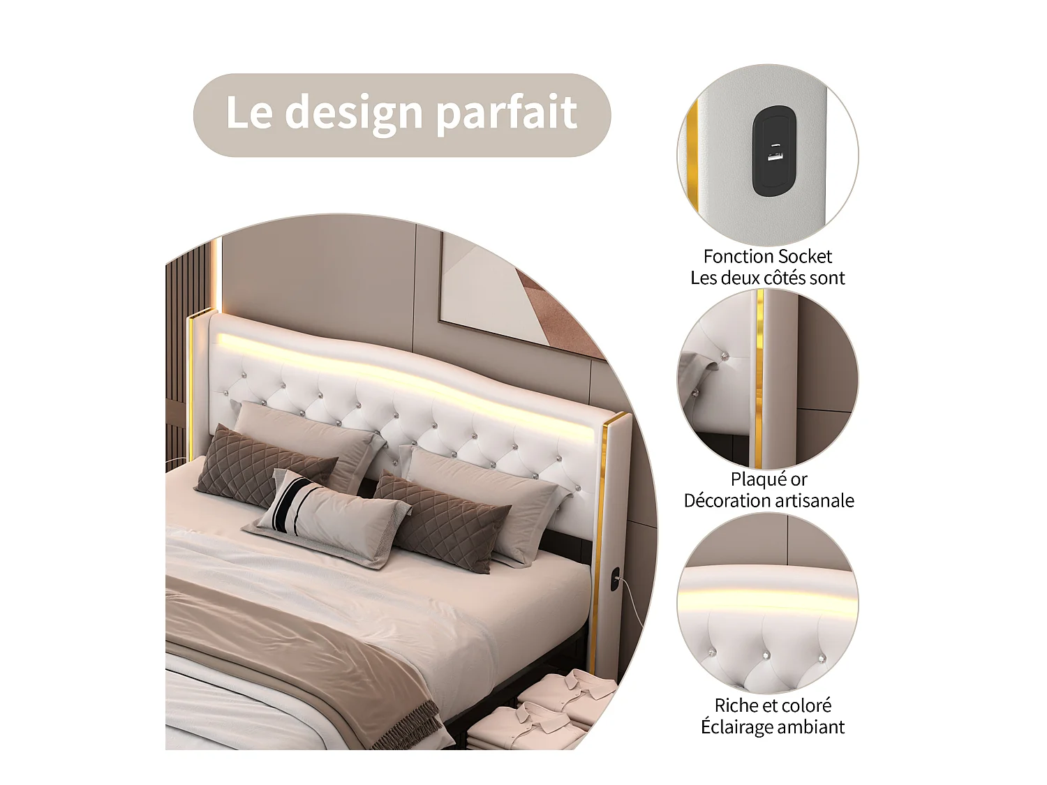 Cama doble de 140 x 200 cm con base, 4 cajones, carga USB, listones de madera y LED - Blanco