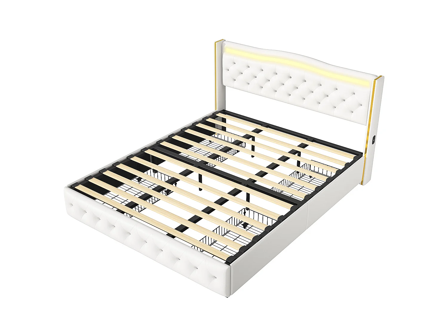 Cama doble de 140 x 200 cm con base, 4 cajones, carga USB, listones de madera y LED - Blanco