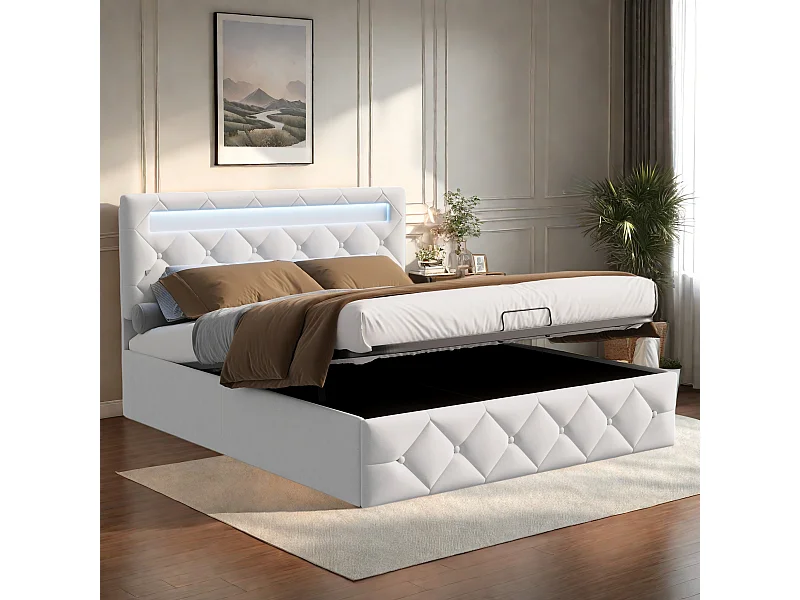 Cama doble 160x200cm con LED y USB, con somier, con almacenaje y cabecero, color blanco