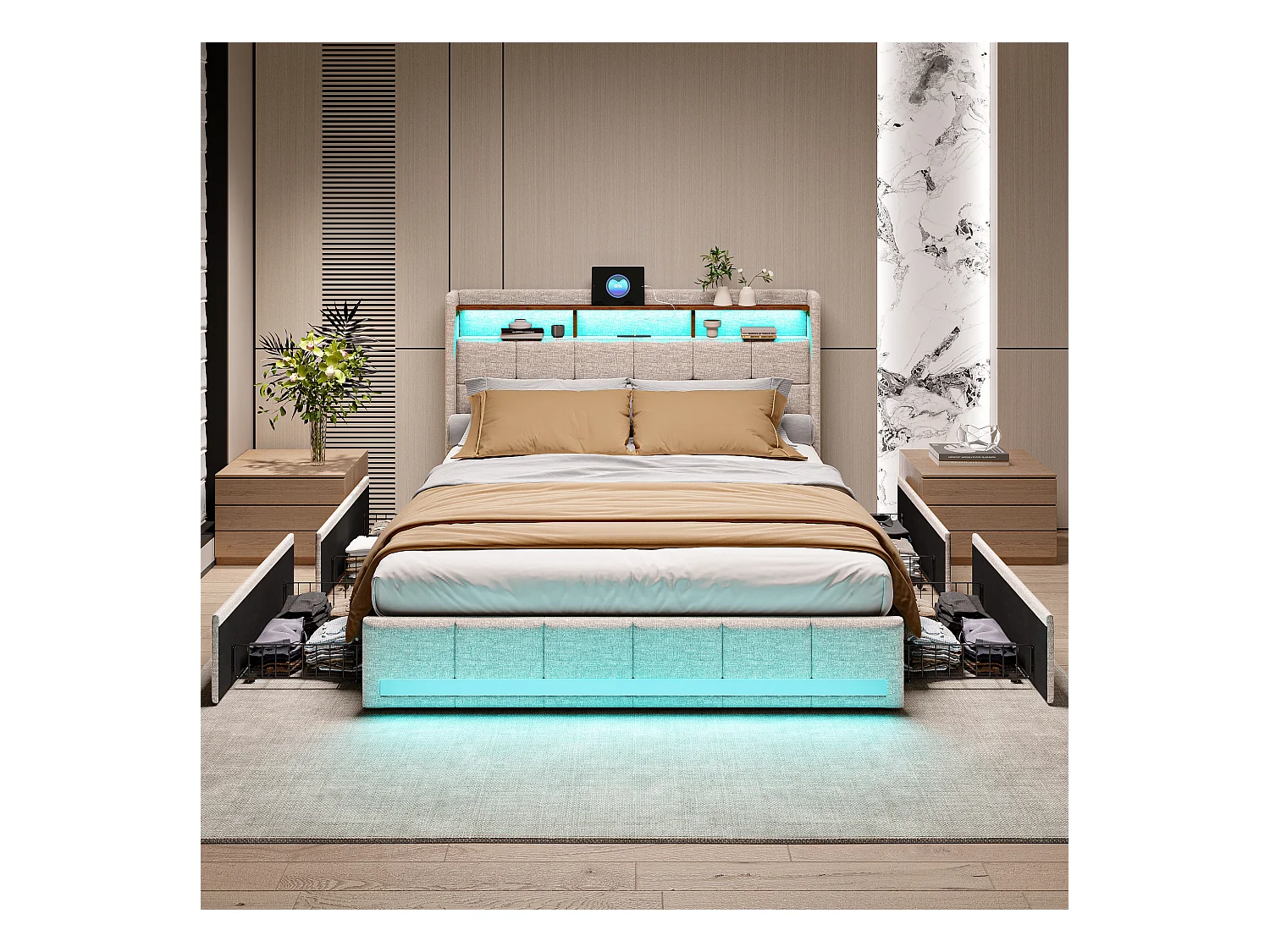 Cama de matrimonio 140x190 con base, LED y USB, 4 cajones y cabecero con almacenaje, en lino, beige