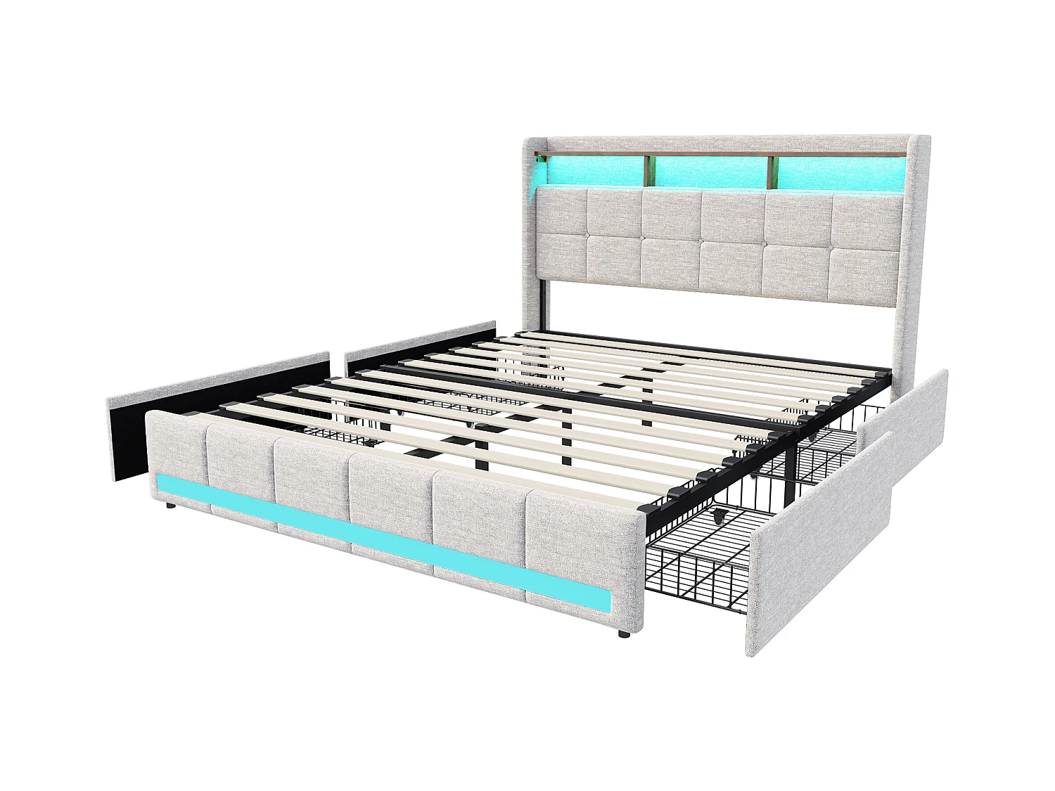 Cama de matrimonio 140x190 con base, LED y USB, 4 cajones y cabecero con almacenaje, en lino, beige