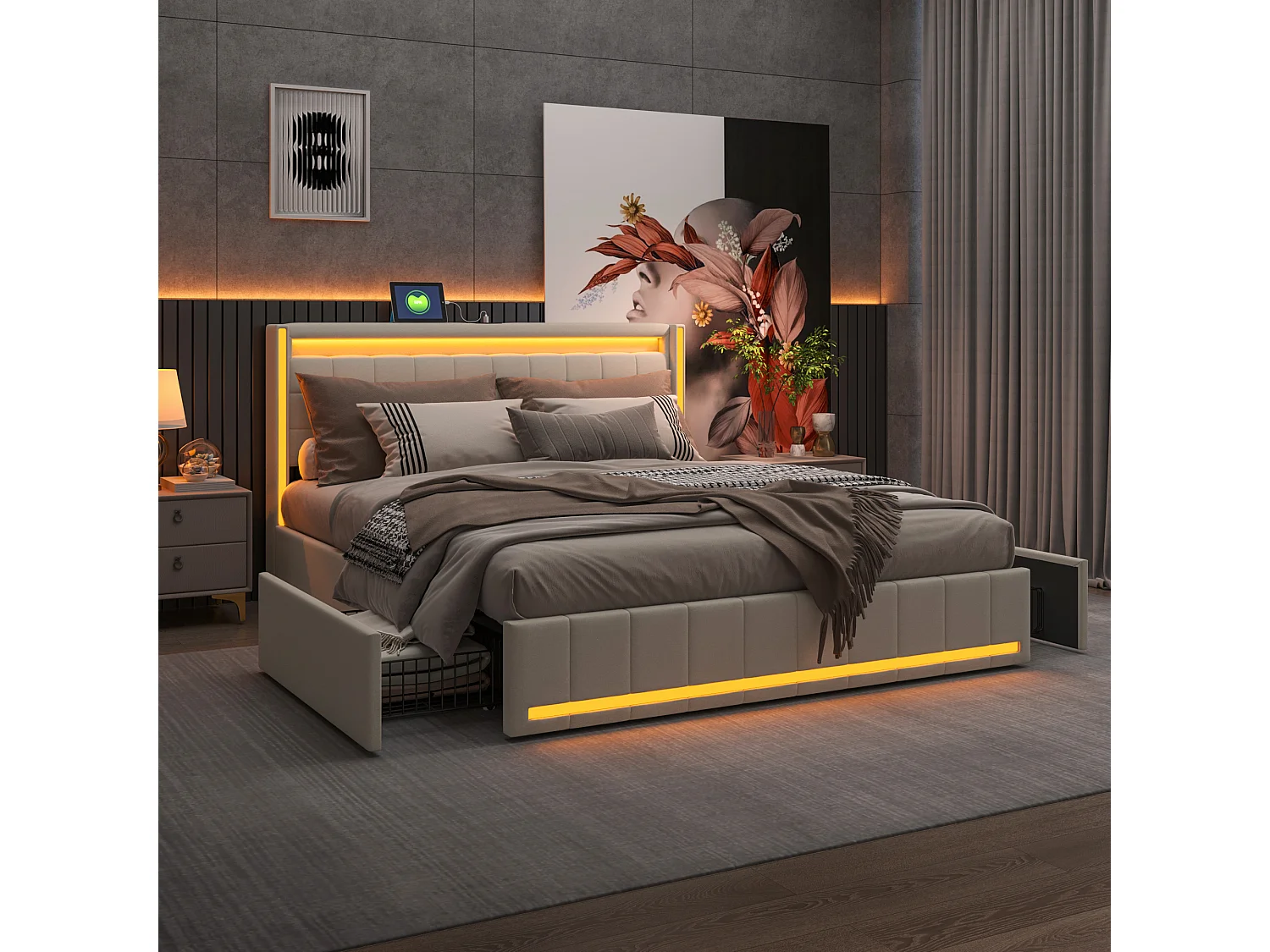 Opbergbed 160x200 cm, gestoffeerd tweepersoonsbed met USB- en Type-C-poort, LED-verlichting, met 4 lades, linnen, beige