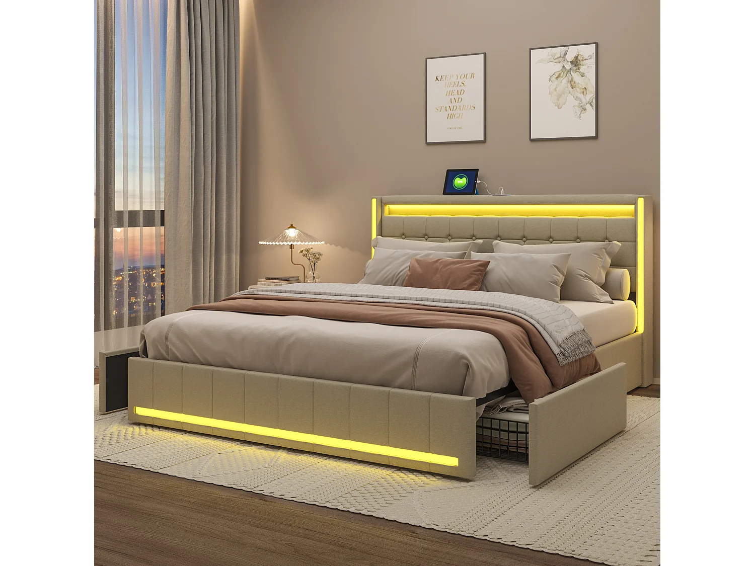 Opbergbed 160x200 cm, gestoffeerd tweepersoonsbed met USB- en Type-C-poort, LED-verlichting, met 4 lades, linnen, beige