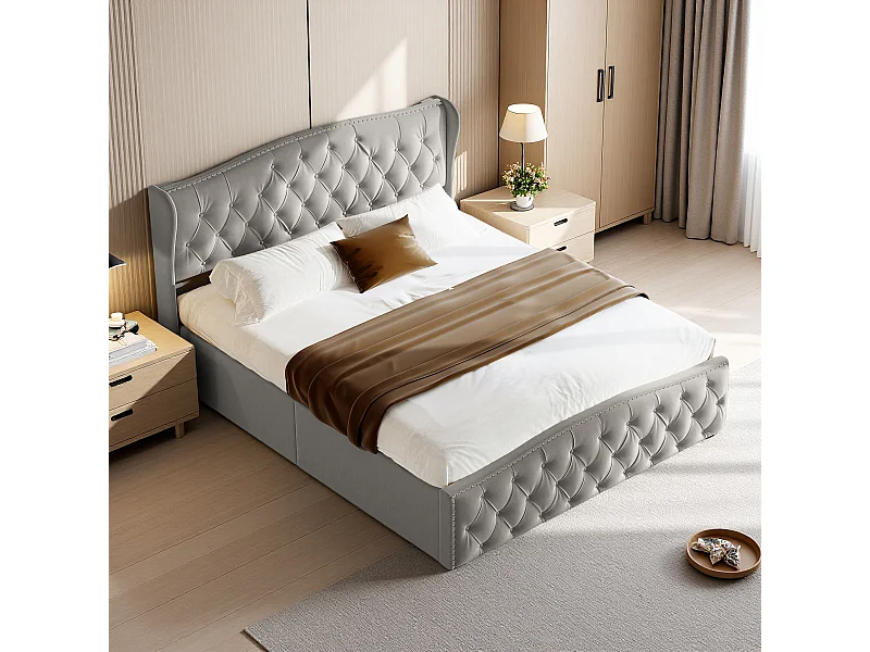 Letto imbottito con contenitore 160 x 200 cm, con testiera Wave Line, grigio