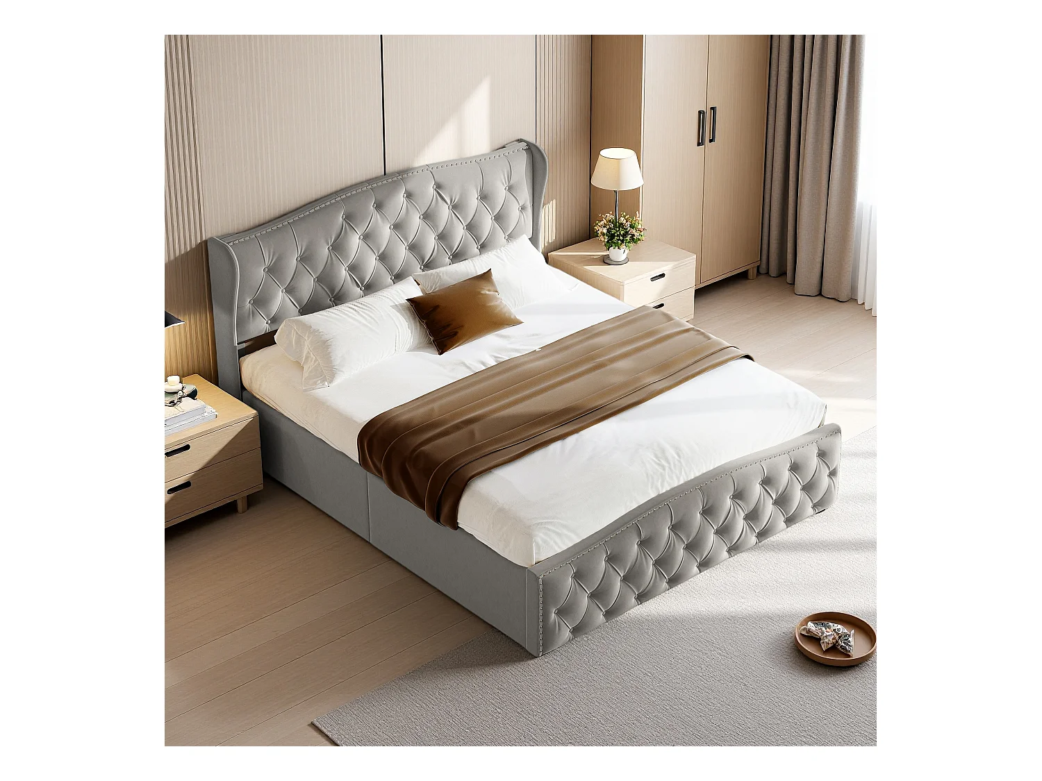 Cama tapizada con almacenaje de 160 x 200 cm, con cabecero Wave Line, gris
